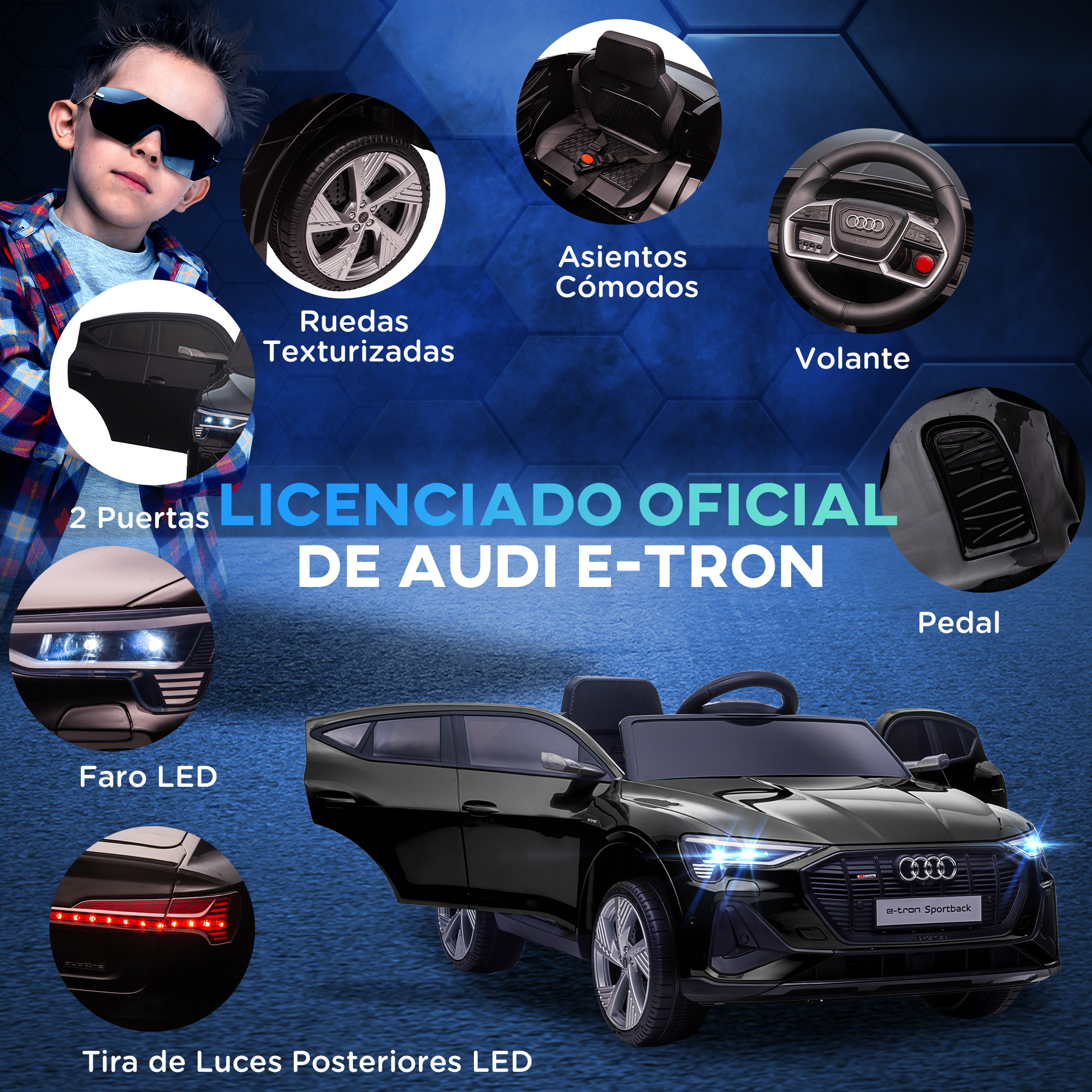 Coche de juguete Audi e-tron negro con detalles de ruedas, puertas y luces.