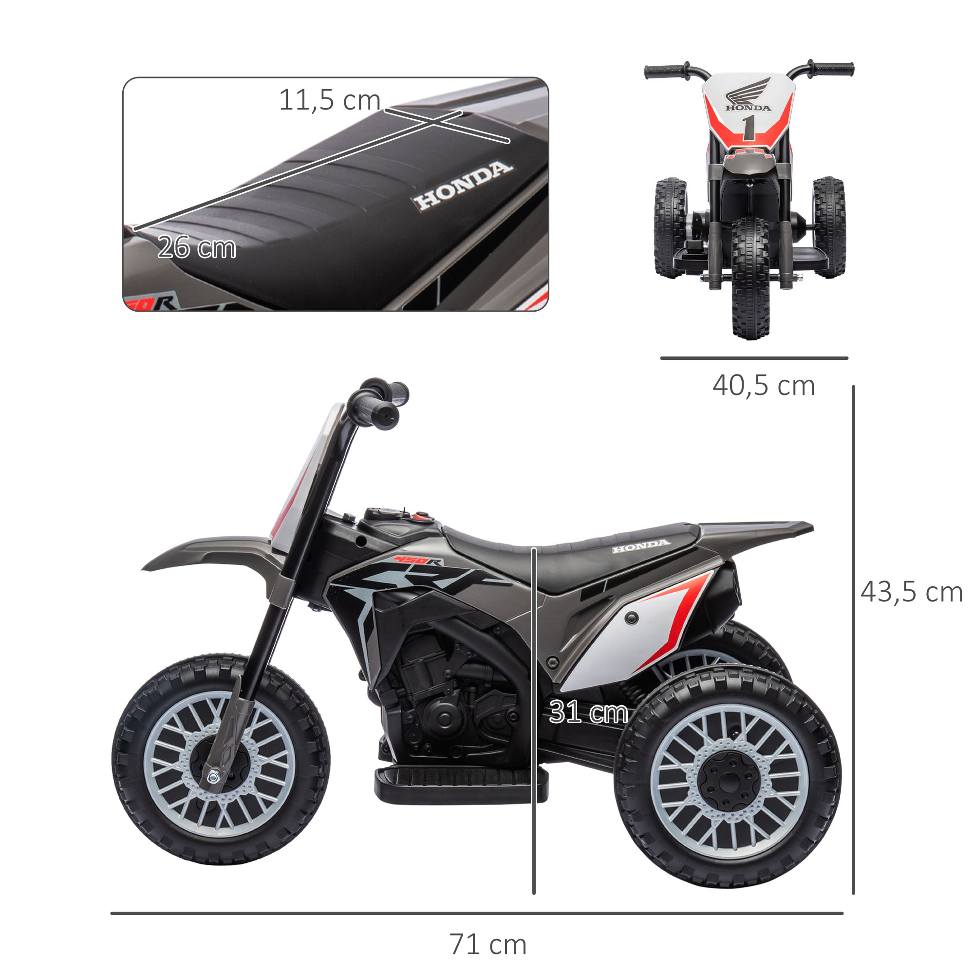 Juguete de motocicleta Honda negro y gris. Se muestran las medidas. Incluye vistas frontal, lateral y superior.
