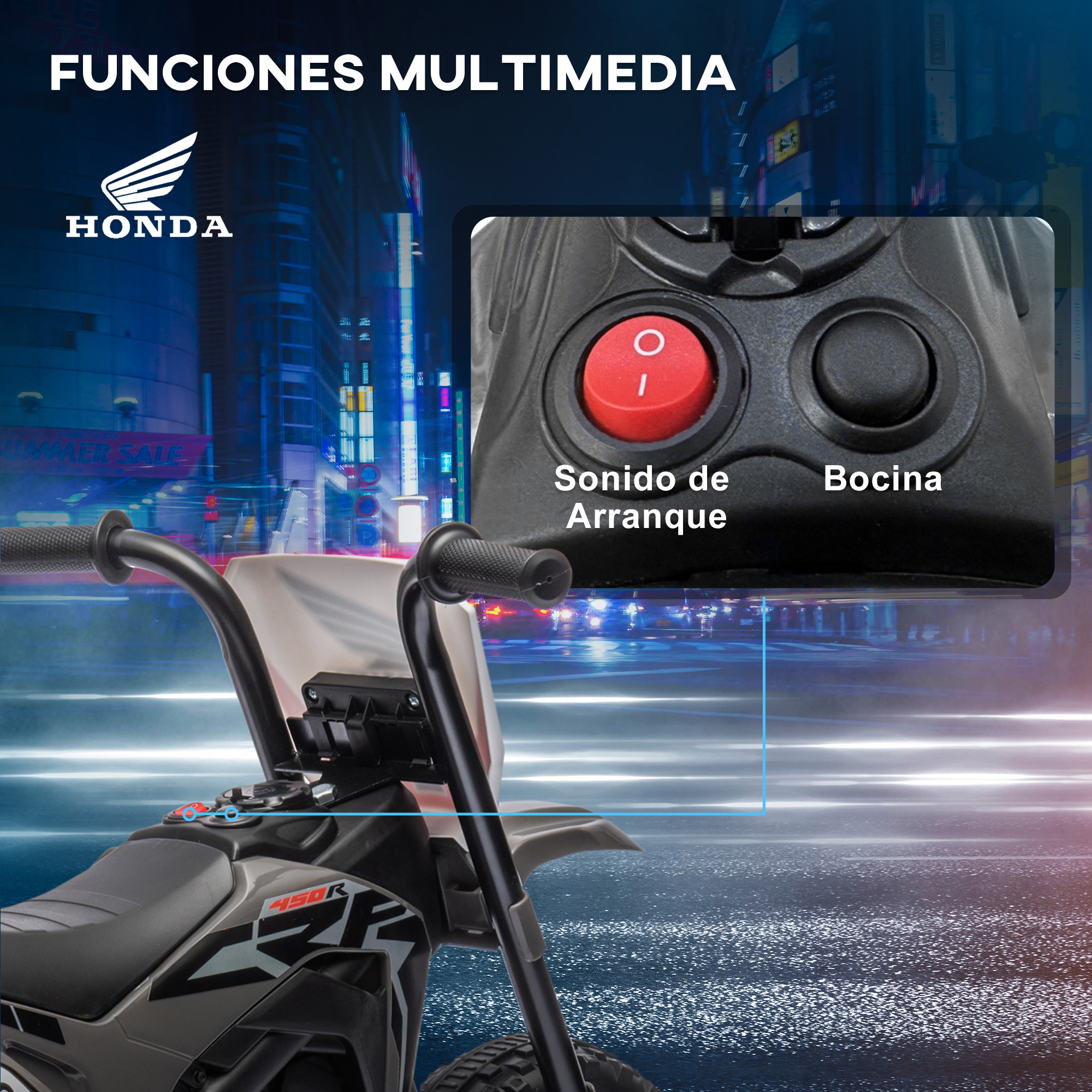 Motocicleta de juguete con controles y el logo de Honda.