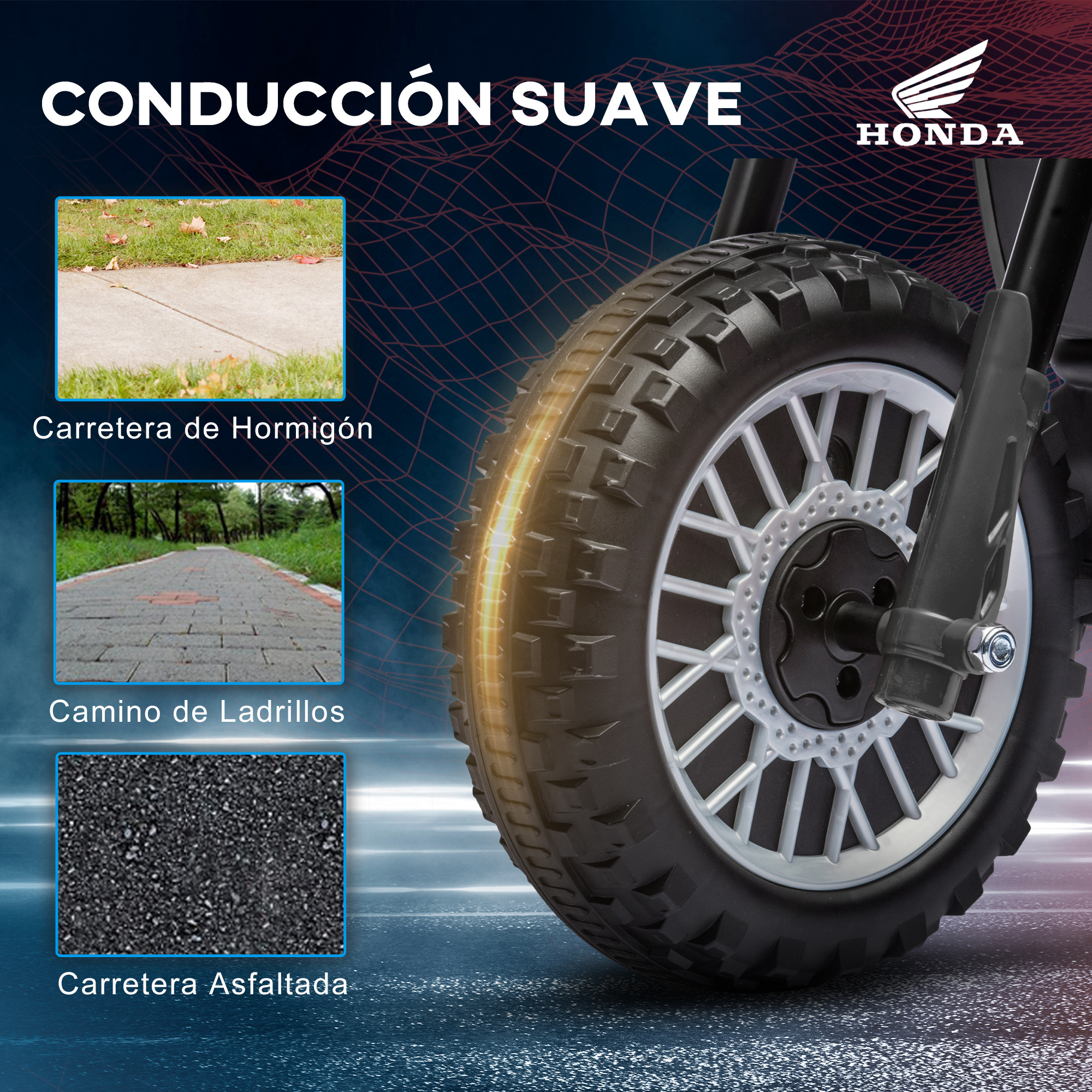 Primer plano de un neumático de moto en diferentes superficies viales, logo Honda.