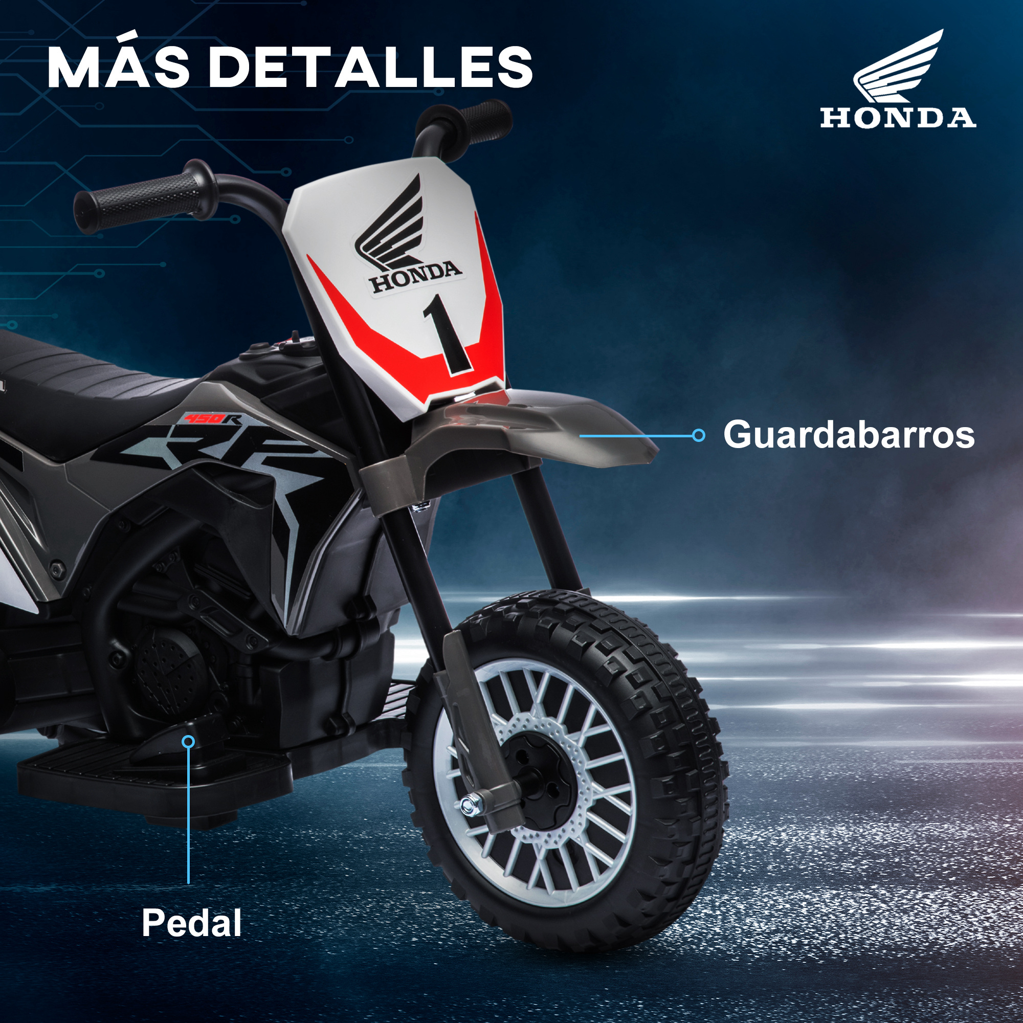 Una moto Honda de juguete con frente rojo y blanco. Tiene un marco y ruedas negros, y un pedal visible.