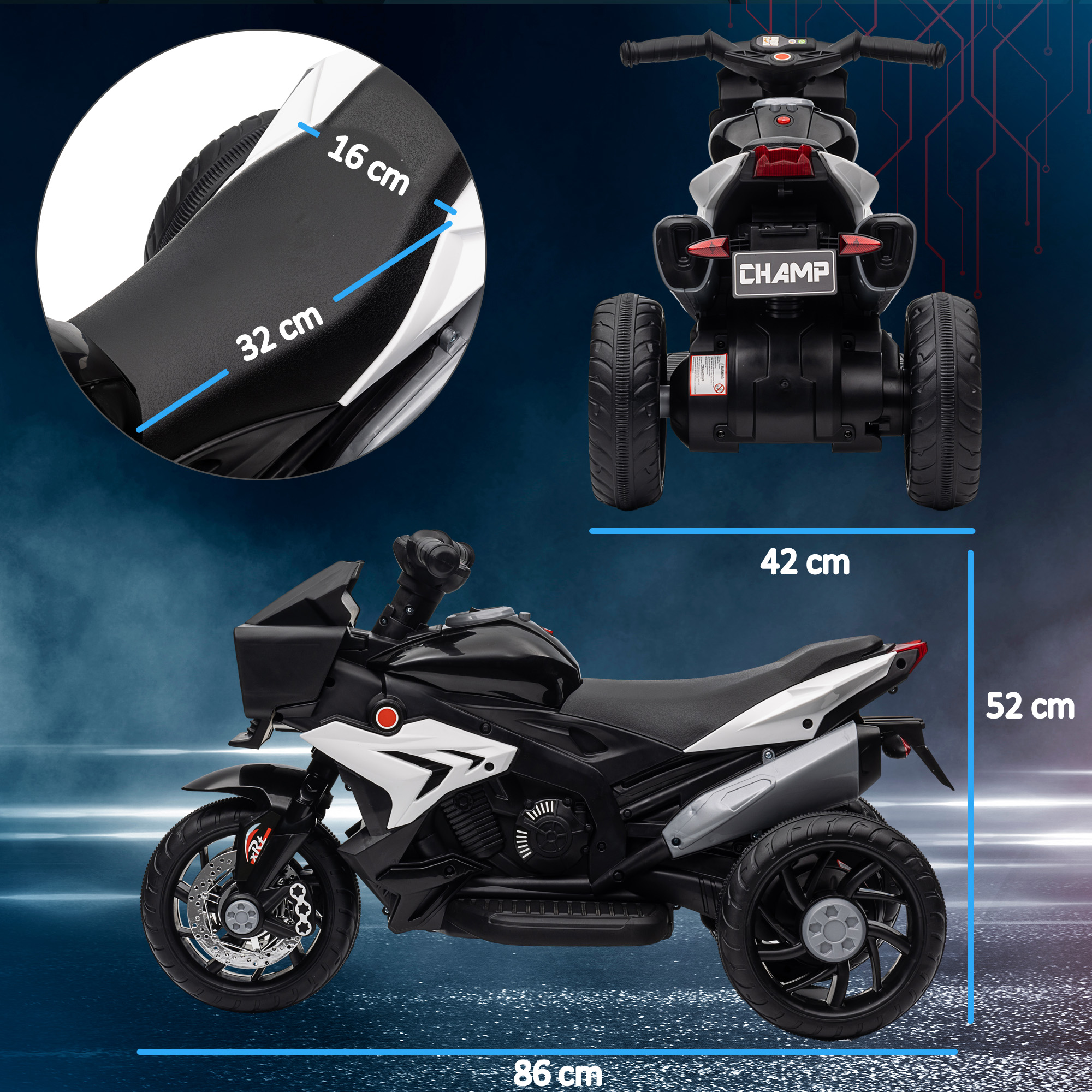 Una moto de juguete con etiquetas de dimensiones. Blanco y negro con indicadores de medición sobre fondo azul.