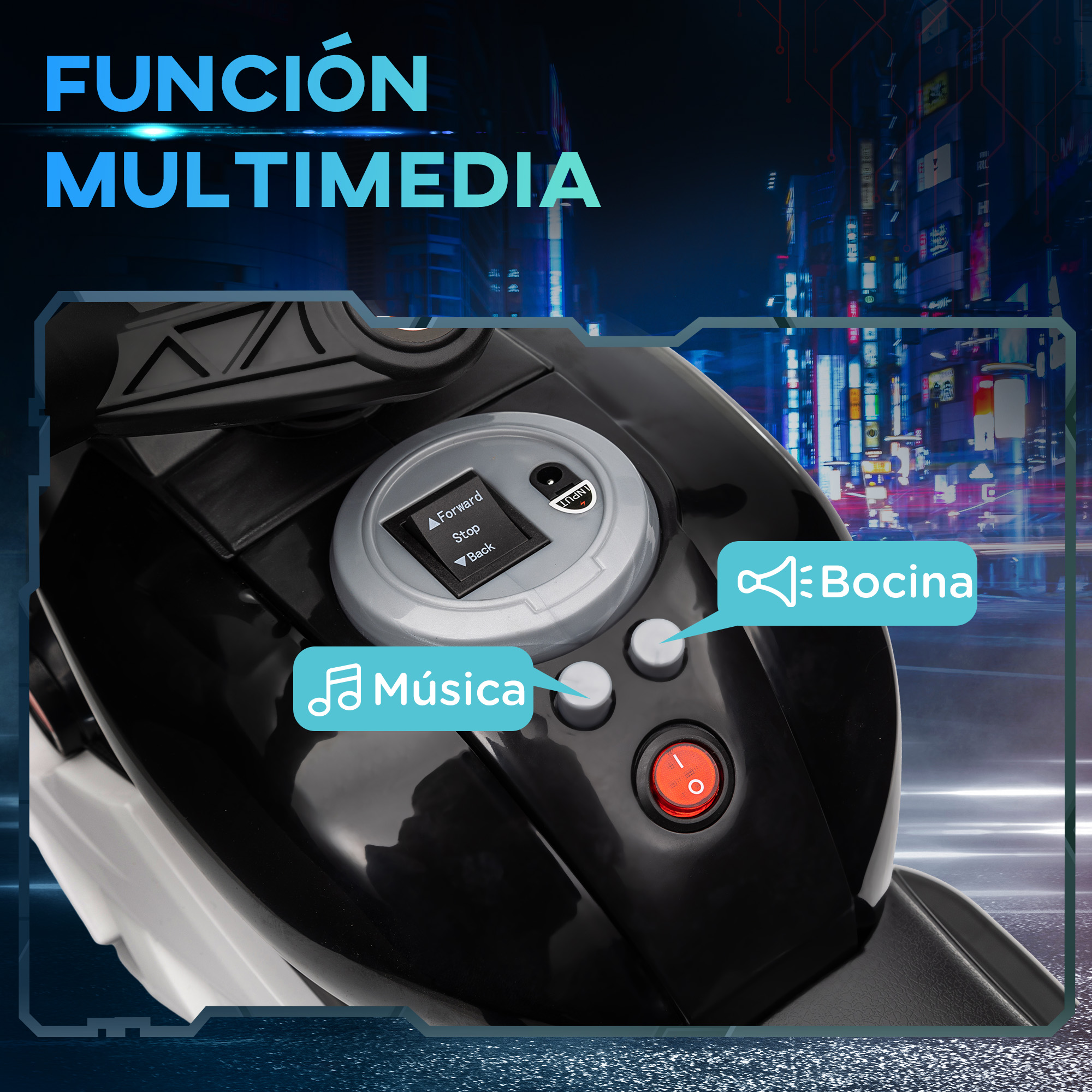 Primer plano del panel de control de una motocicleta de juguete con música, bocina y controles de dirección.