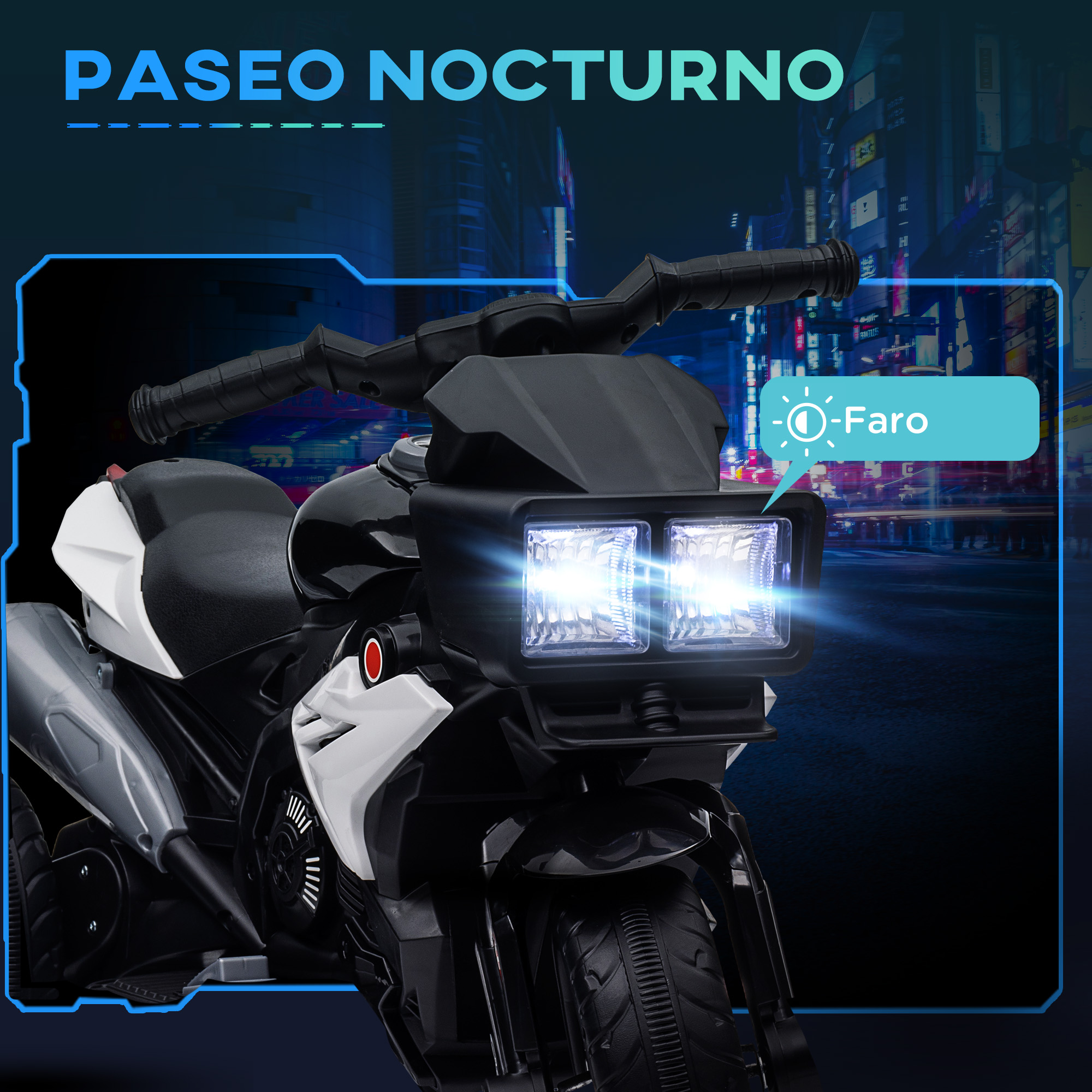 Una moto de juguete en blanco y negro con luces encendidas en una ciudad oscura.