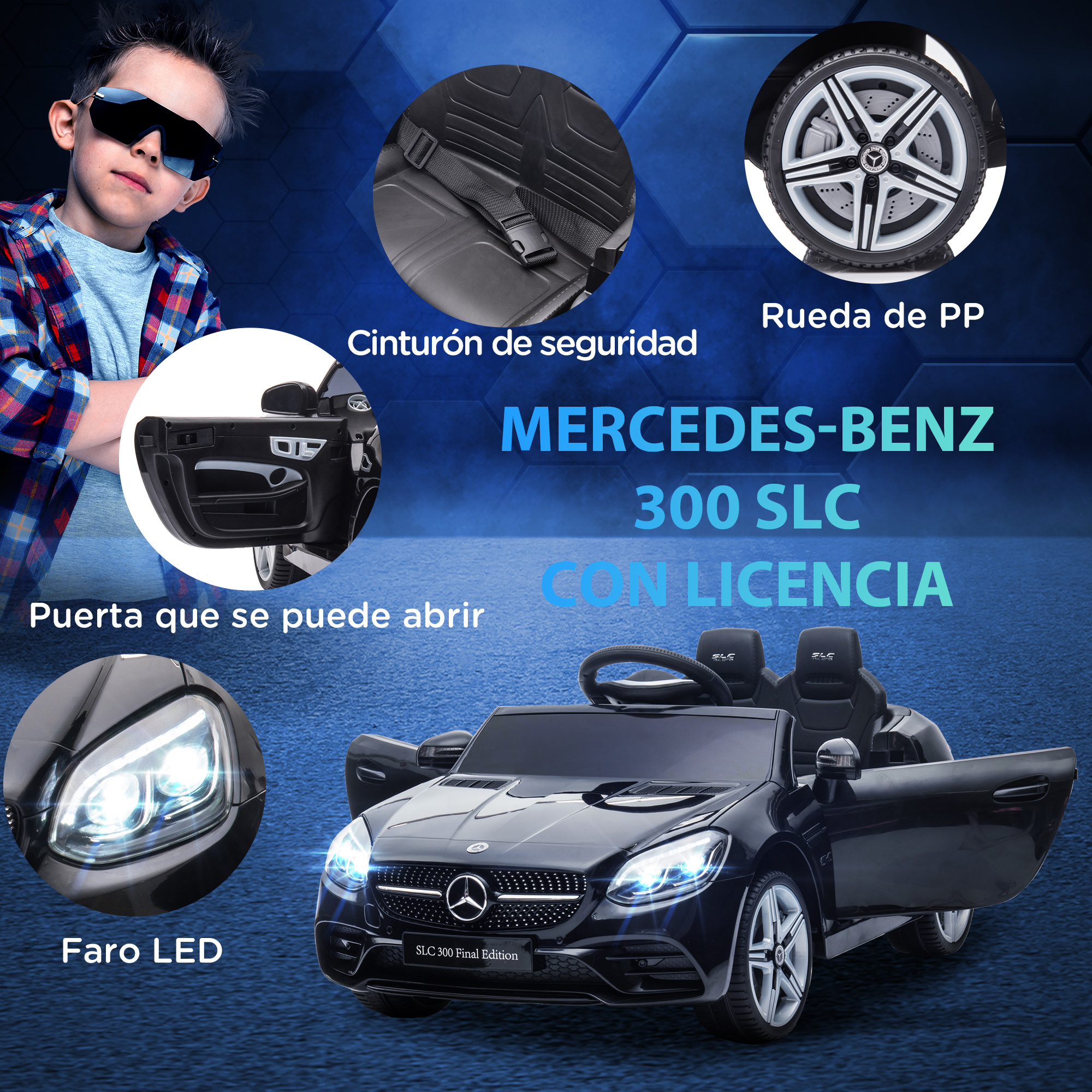 Un coche de juguete Mercedes-Benz negro con puertas abiertas, un niño con gafas de sol y detalles del coche.