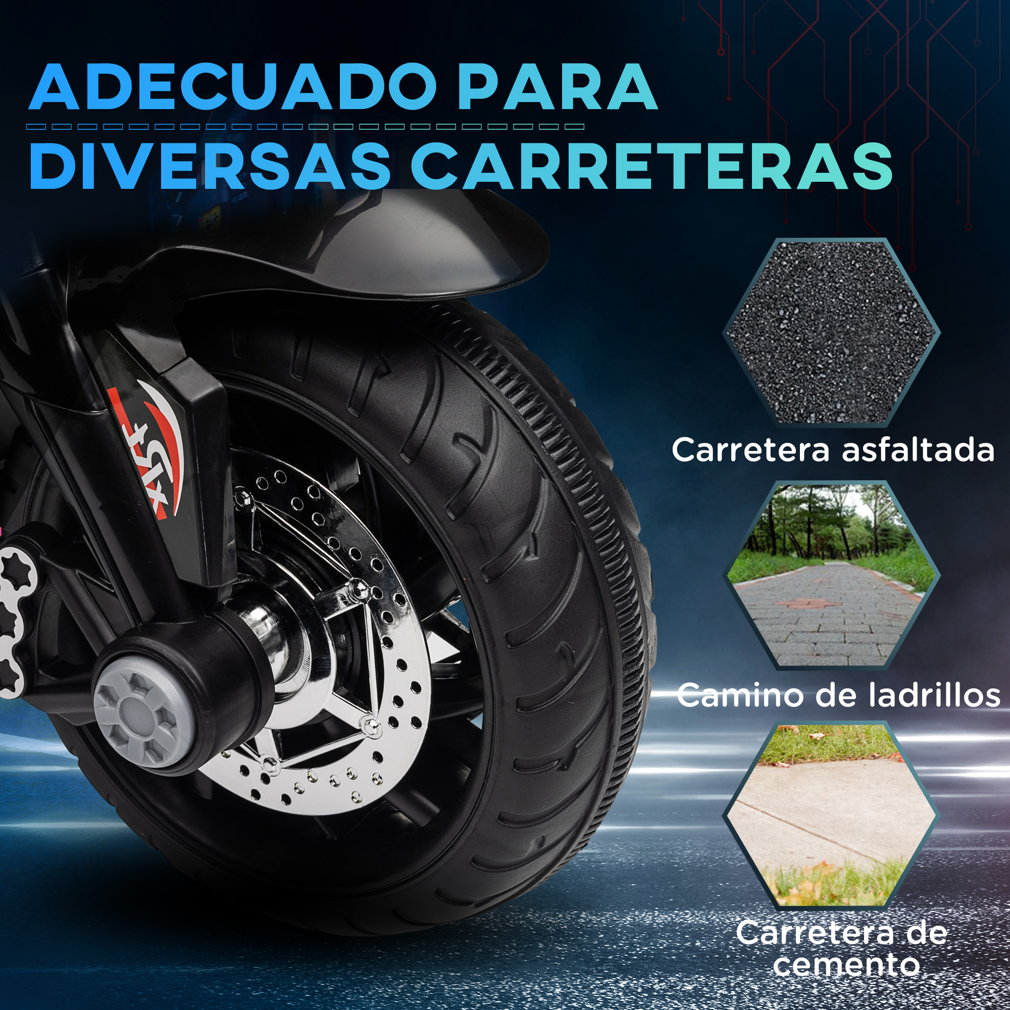 Moto de juguete negra con primer plano de rueda; asfalto, ladrillos, cemento.