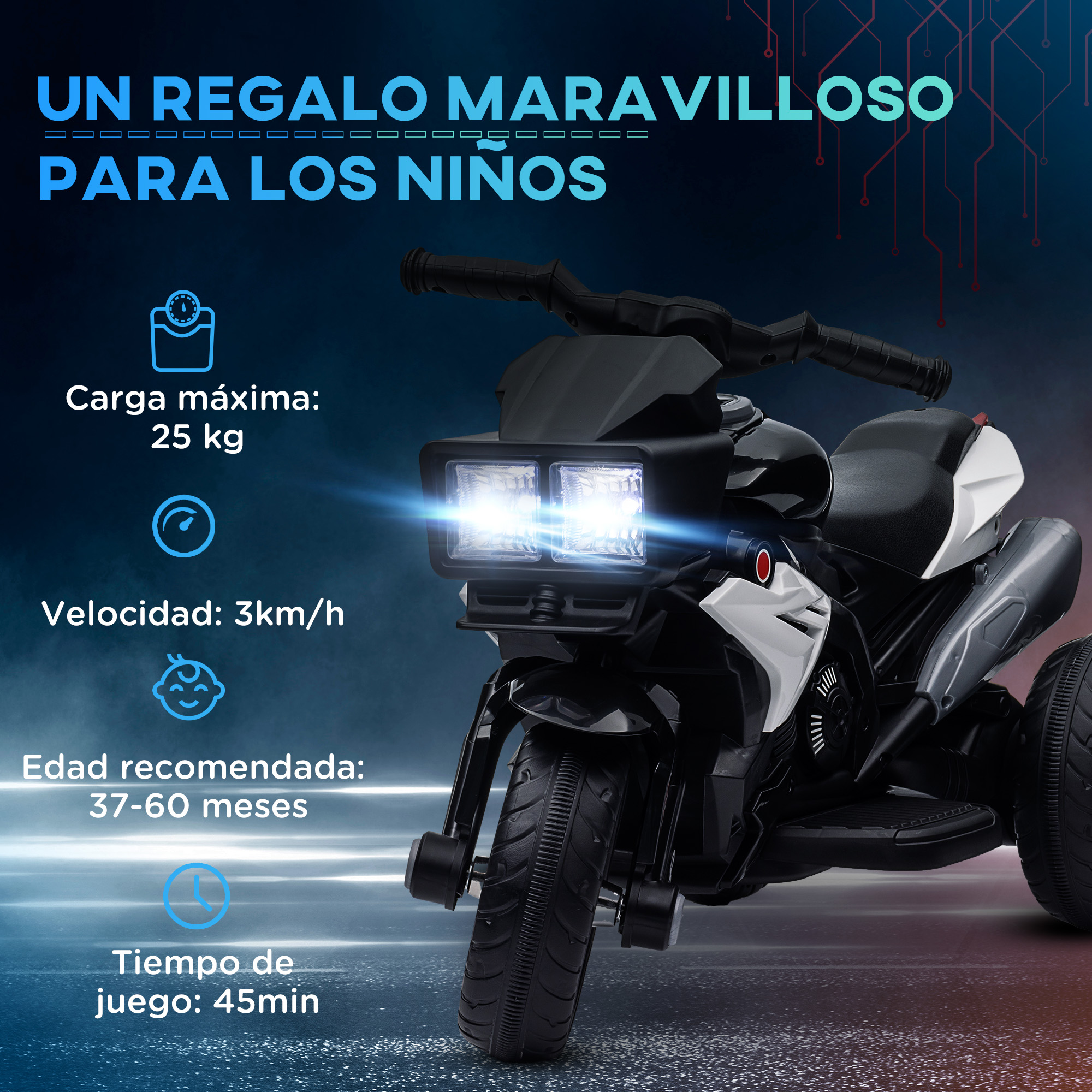 Moto de juguete negra con texto en español sobre carga máxima y edad.