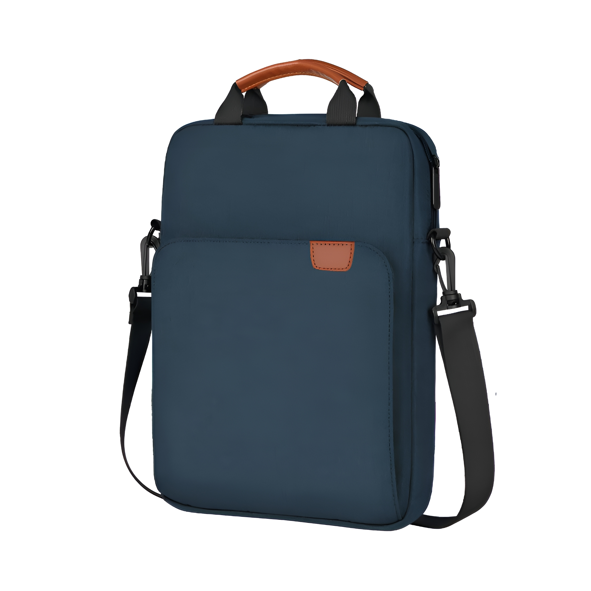 Marineblaue Laptoptasche mit braunem Aufnäher und Griff. Inklusive Schultergurt und Reißverschluss.