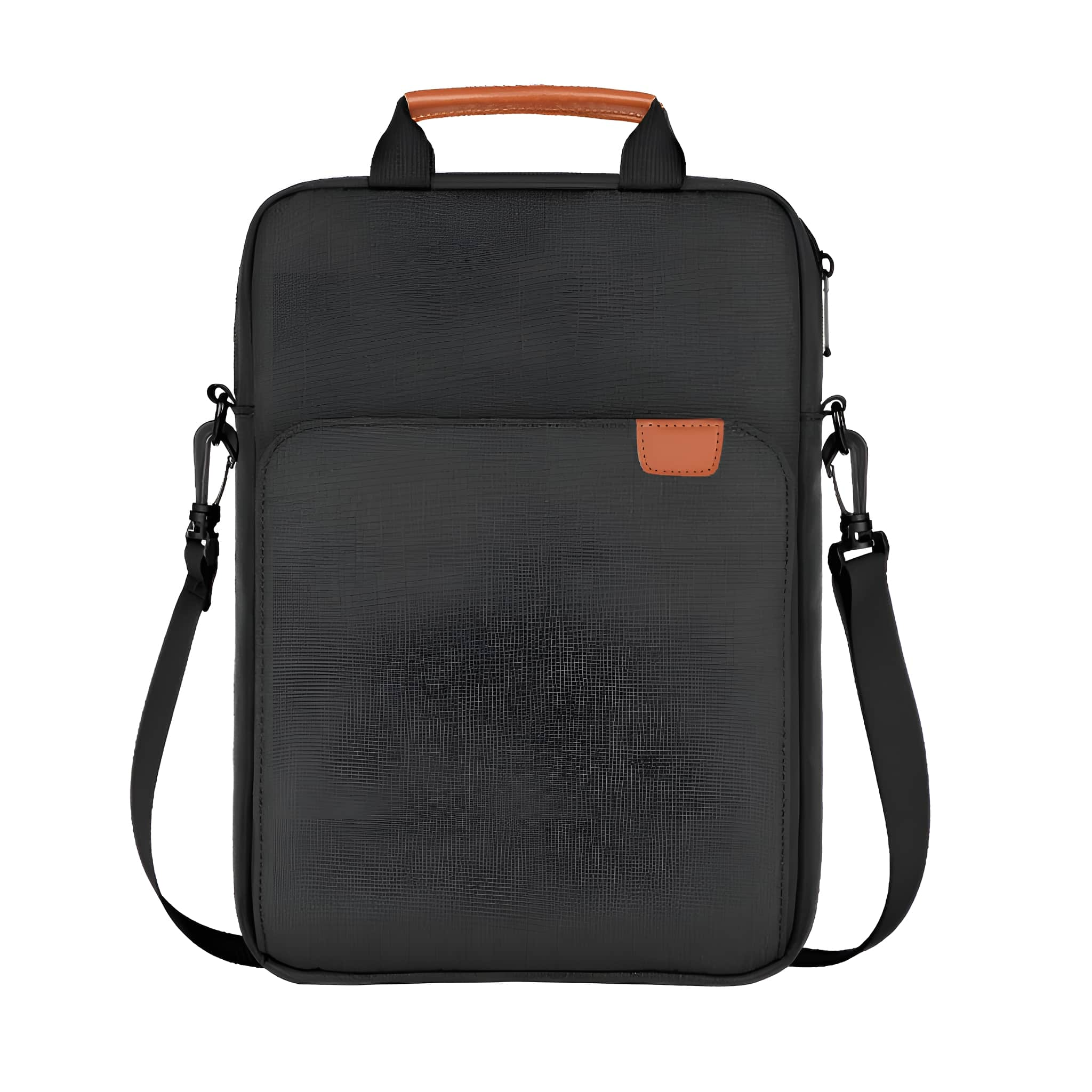 Eine schwarze rechteckige Tasche mit braunem Griff und Schultergurt, weißer Hintergrund.