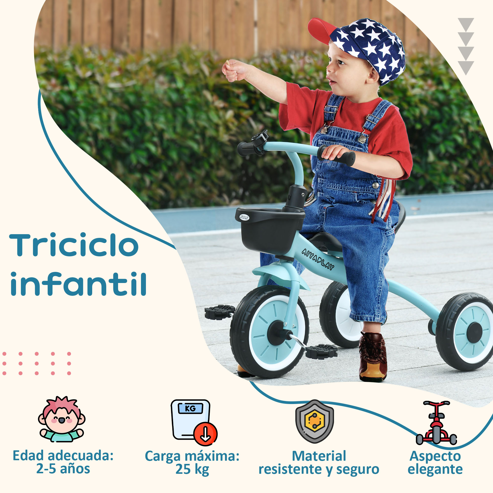 Un niño en un triciclo azul, con texto: 'Triciclo infantil', y detalles sobre edad y peso.