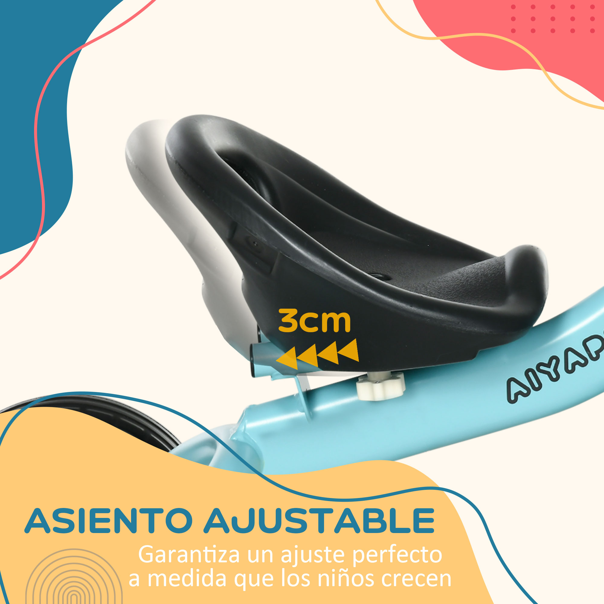 Un asiento de bicicleta negro es ajustable. El texto destaca un ajuste perfecto a medida que el niño crece. Es azul y amarillo.