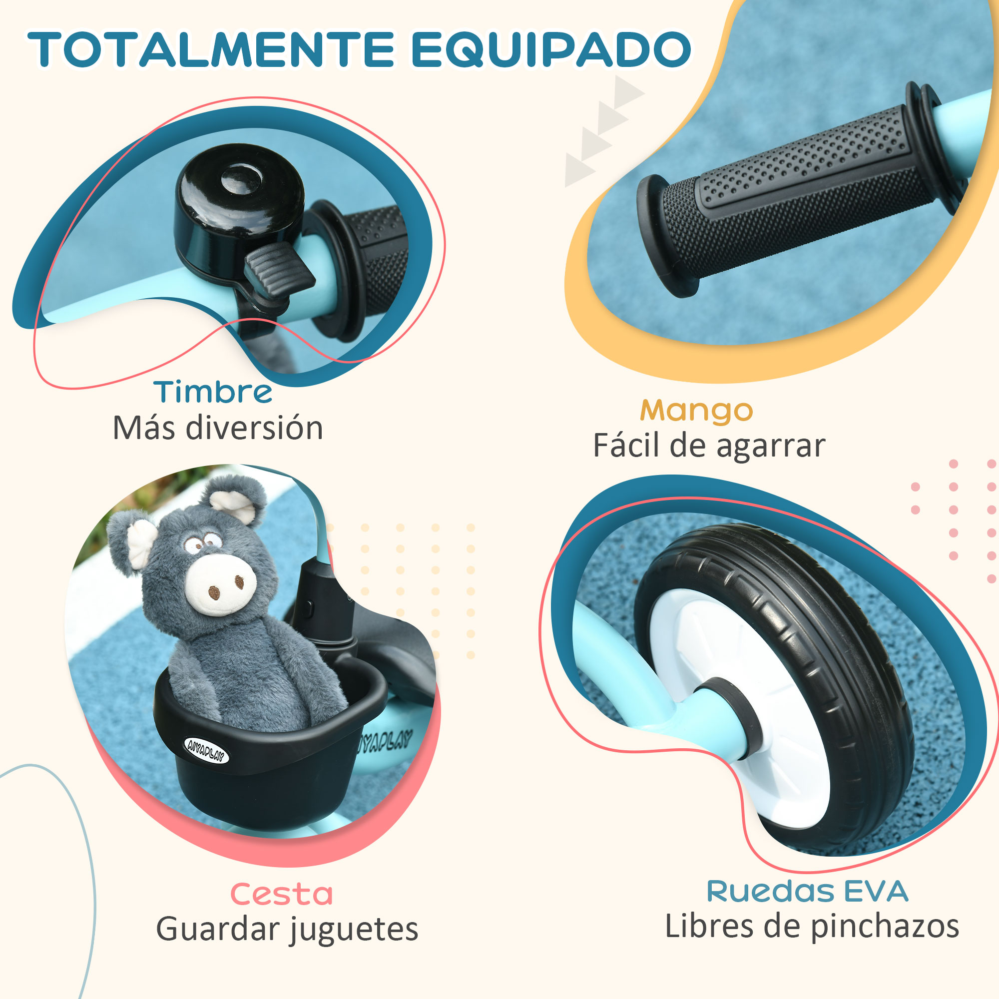 Triciclo infantil azul y negro con timbre, agarre, cesta de juguetes y ruedas, con texto en español.