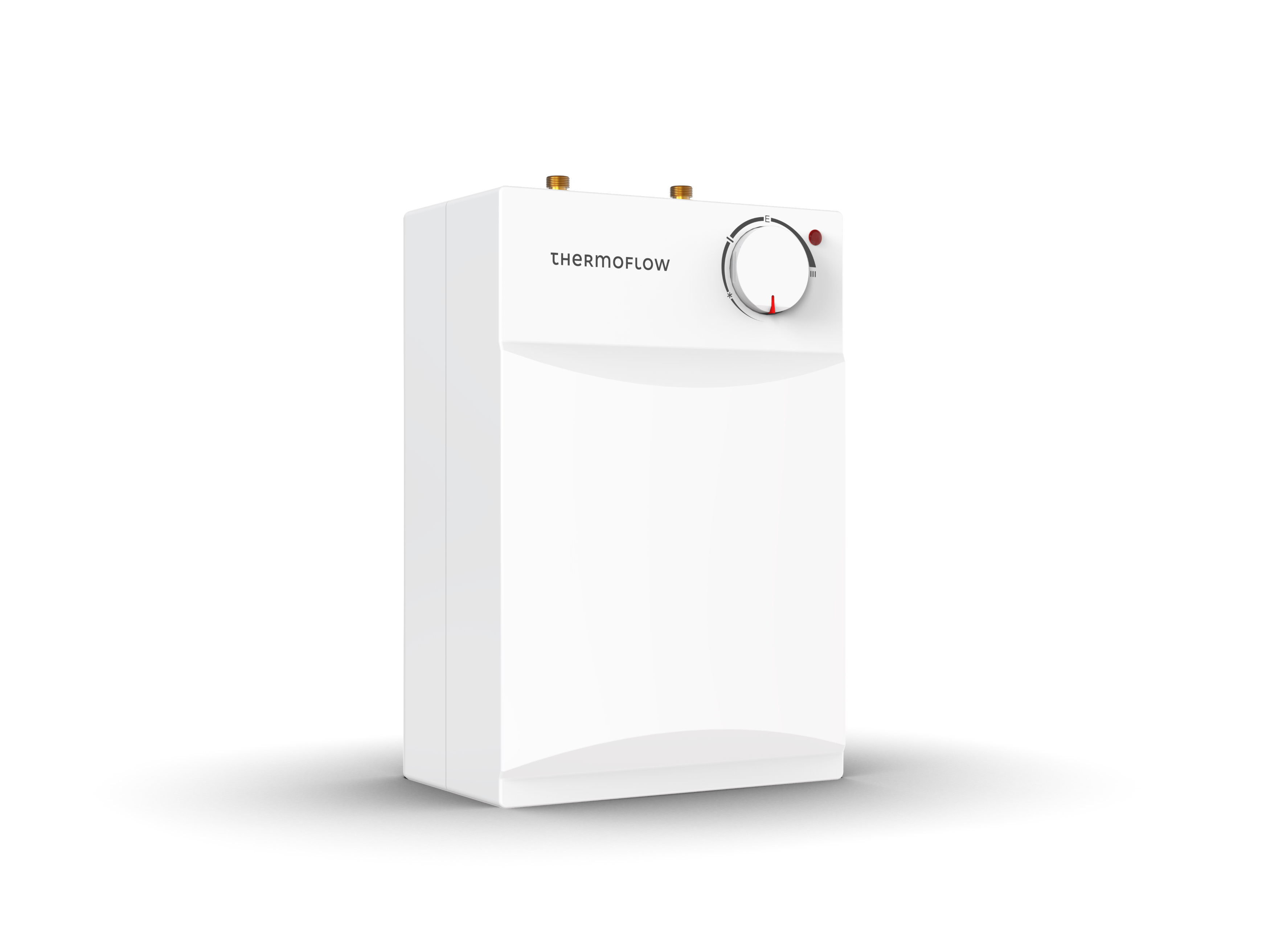 Ein weißer Thermoflow-Wassererhitzer mit Drehknopf und rotem Lämpchen.