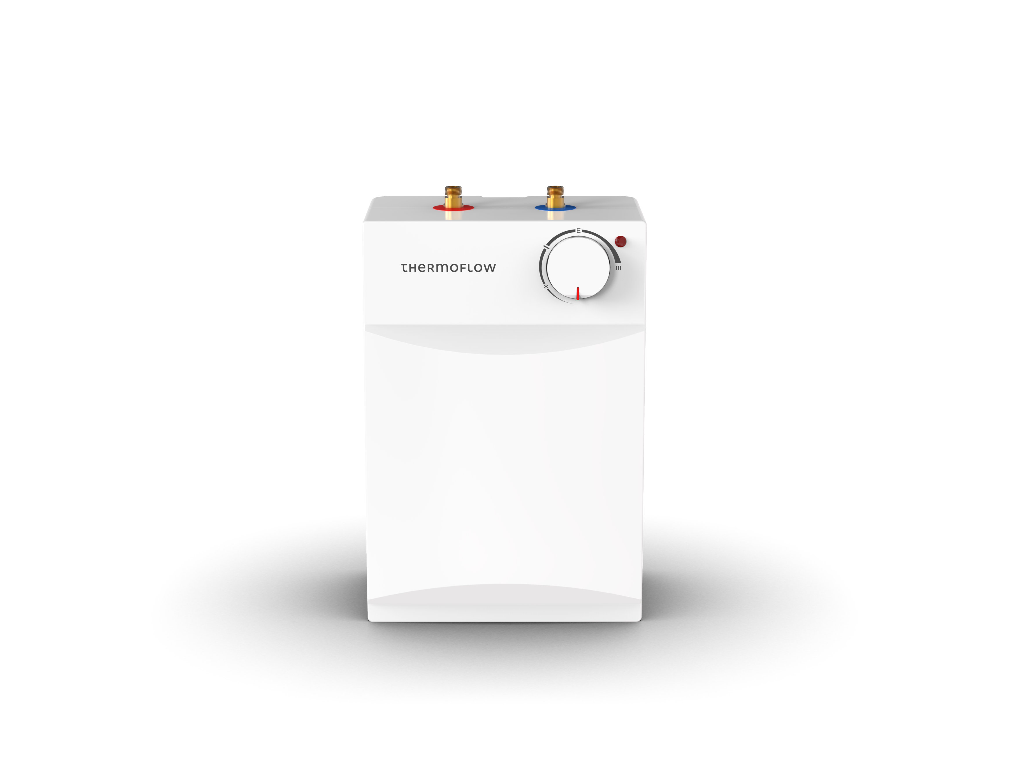 Ein weißer Durchlauferhitzer mit THERMOFLOW-Logo, Drehknopf und Anschlüssen.