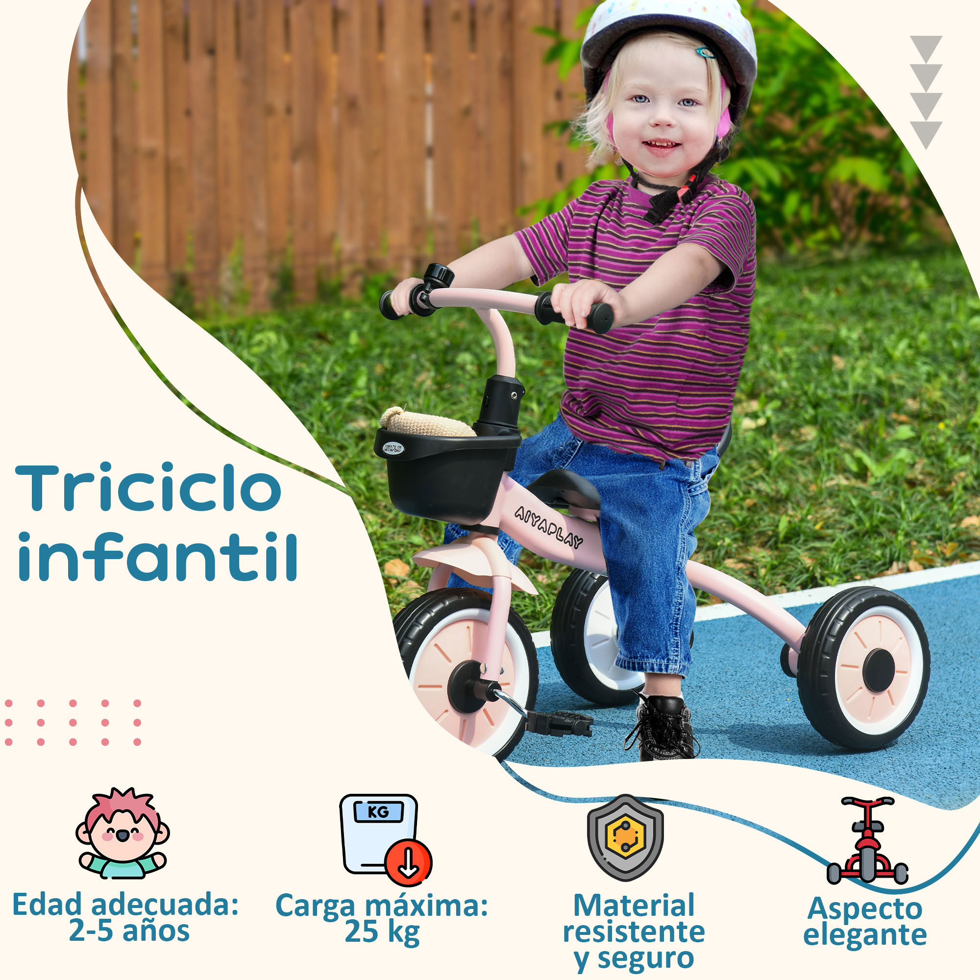 Una niña pequeña monta en un triciclo rosa. Tiene una cesta y un asiento. El texto dice: Triciclo infantil.