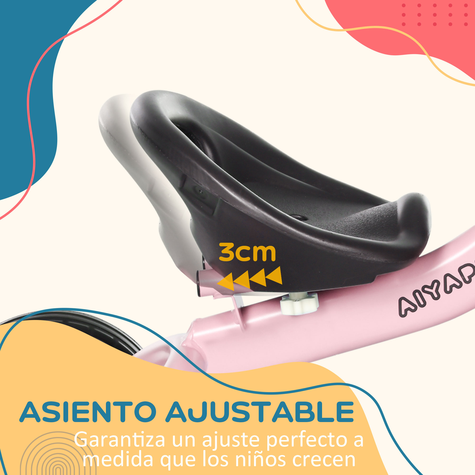 Triciclo rosa con asiento ajustable. Diagrama muestra ajuste de 3cm.