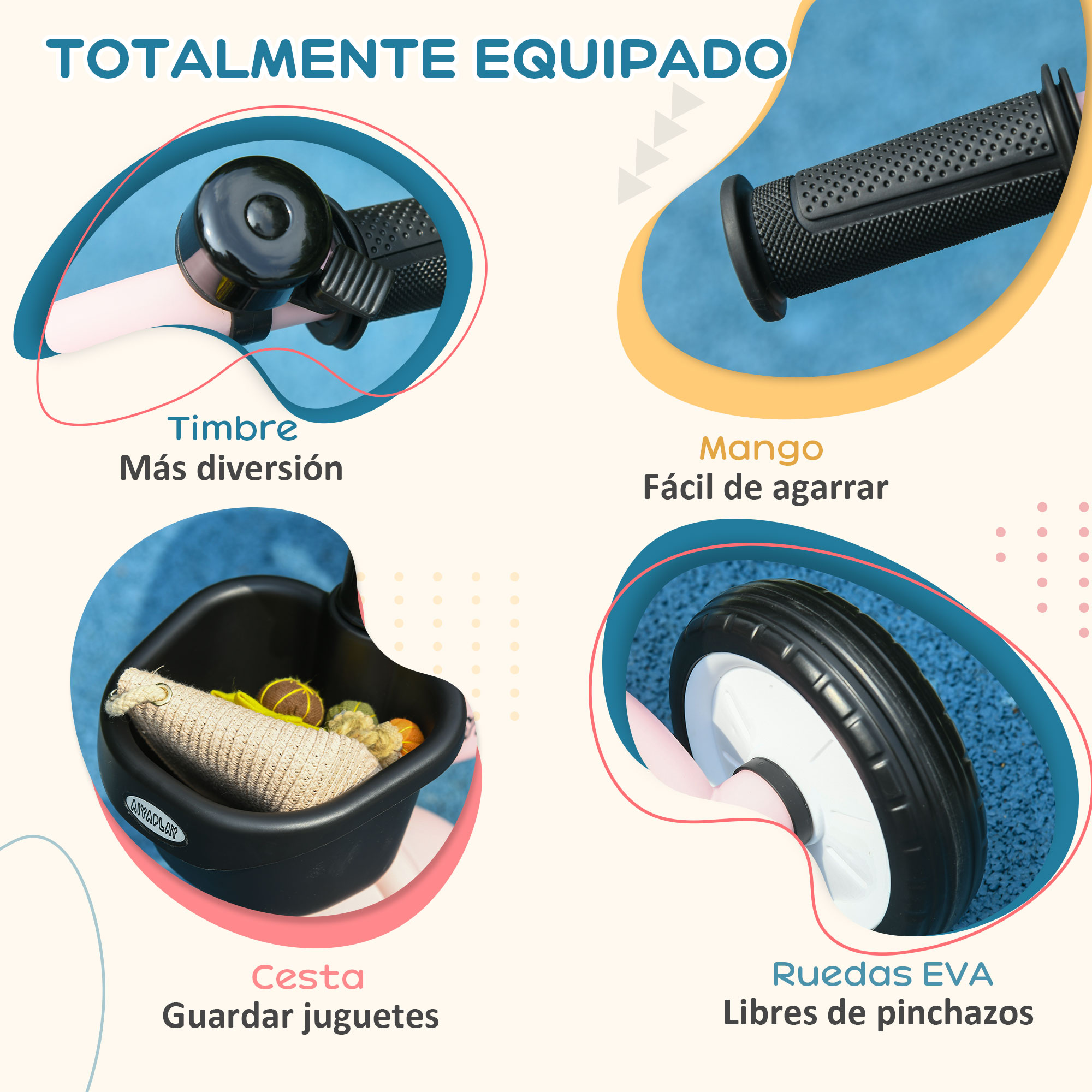 Detalles de cerca de las partes de un triciclo infantil. Incluye timbre, agarres, cesta y rueda.