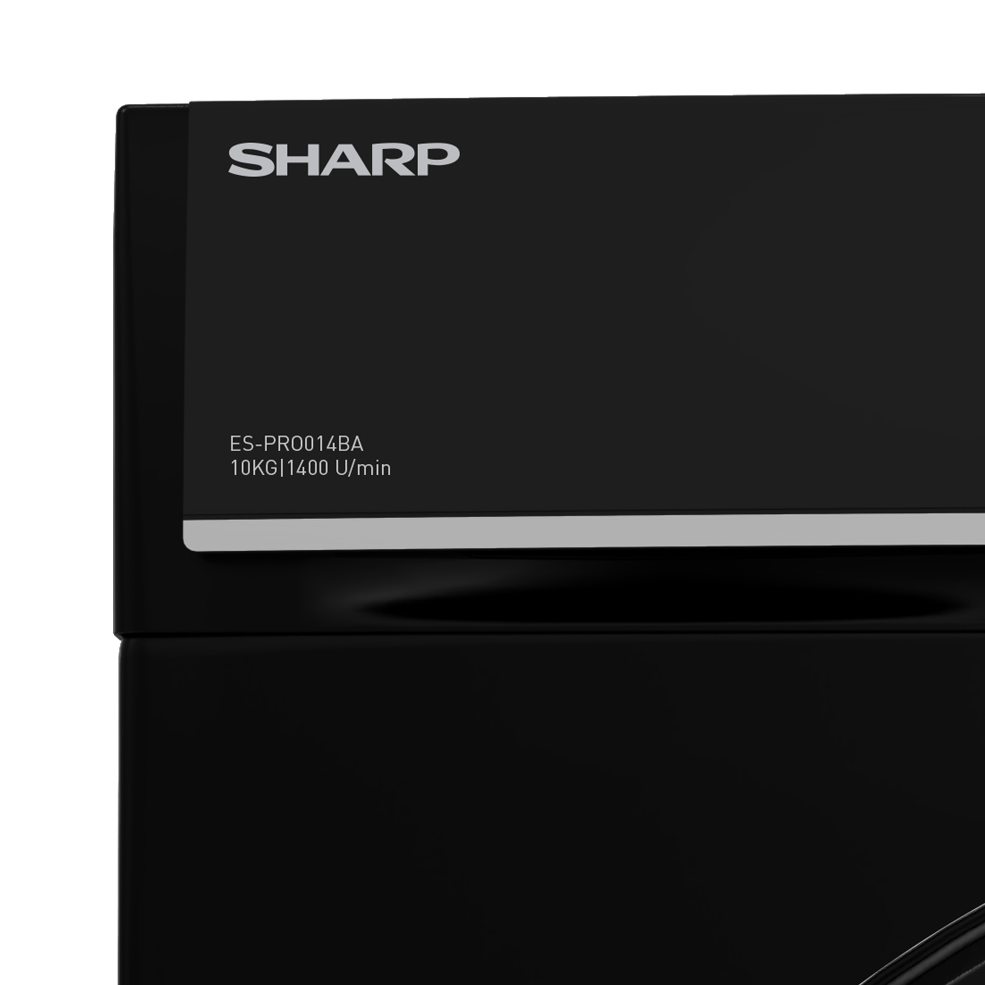 Schwarze Waschmaschine. Das SHARP-Logo befindet sich oben. Text mit Modellinformationen.