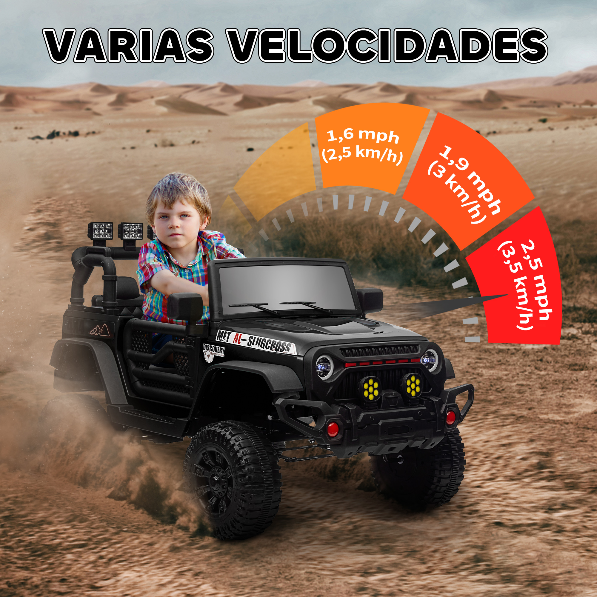 Un niño conduce un jeep de juguete negro en un desierto, indicadores de velocidad presentes.