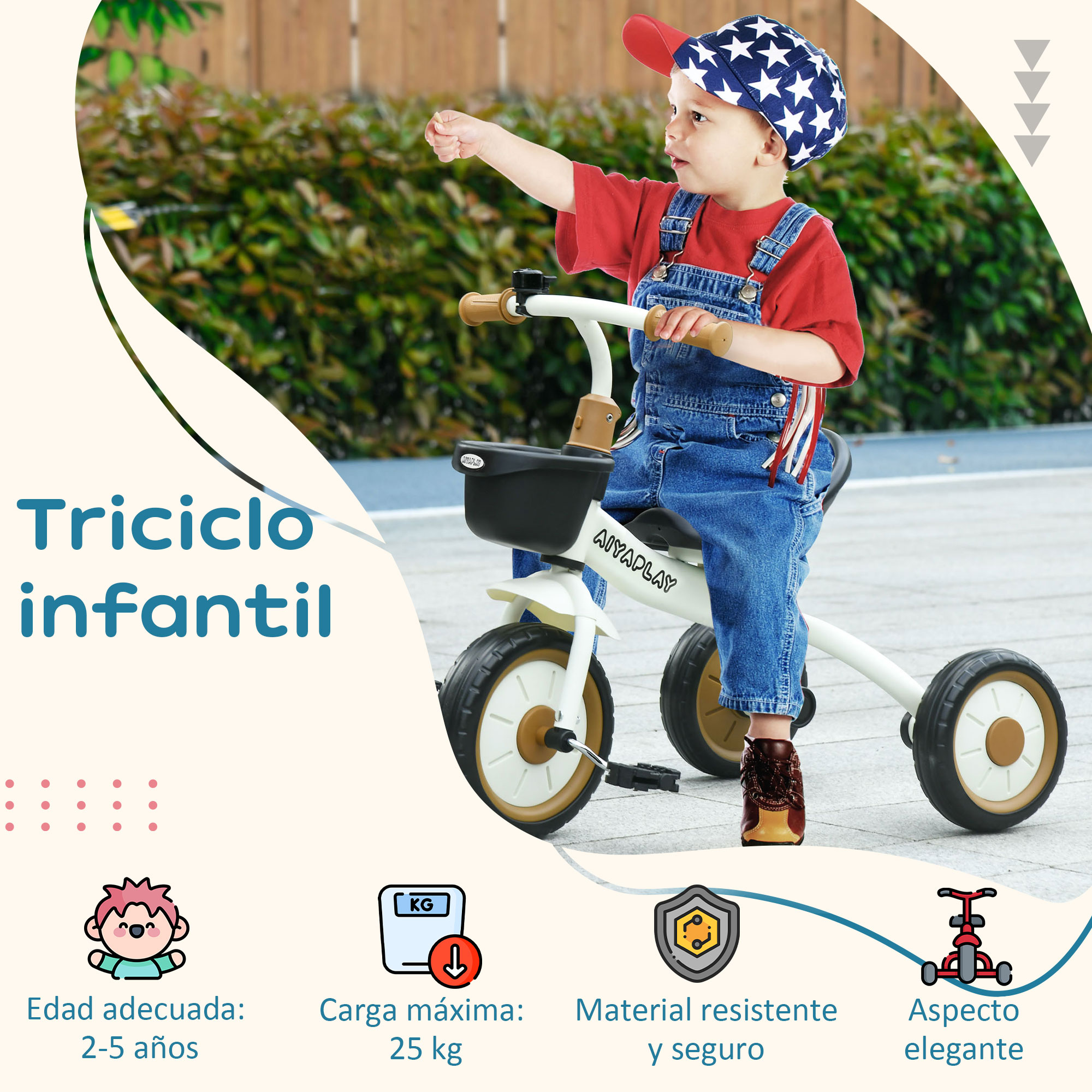 Un niño en un triciclo blanco y dorado señala. Texto: 'Triciclo infantil', con iconos.