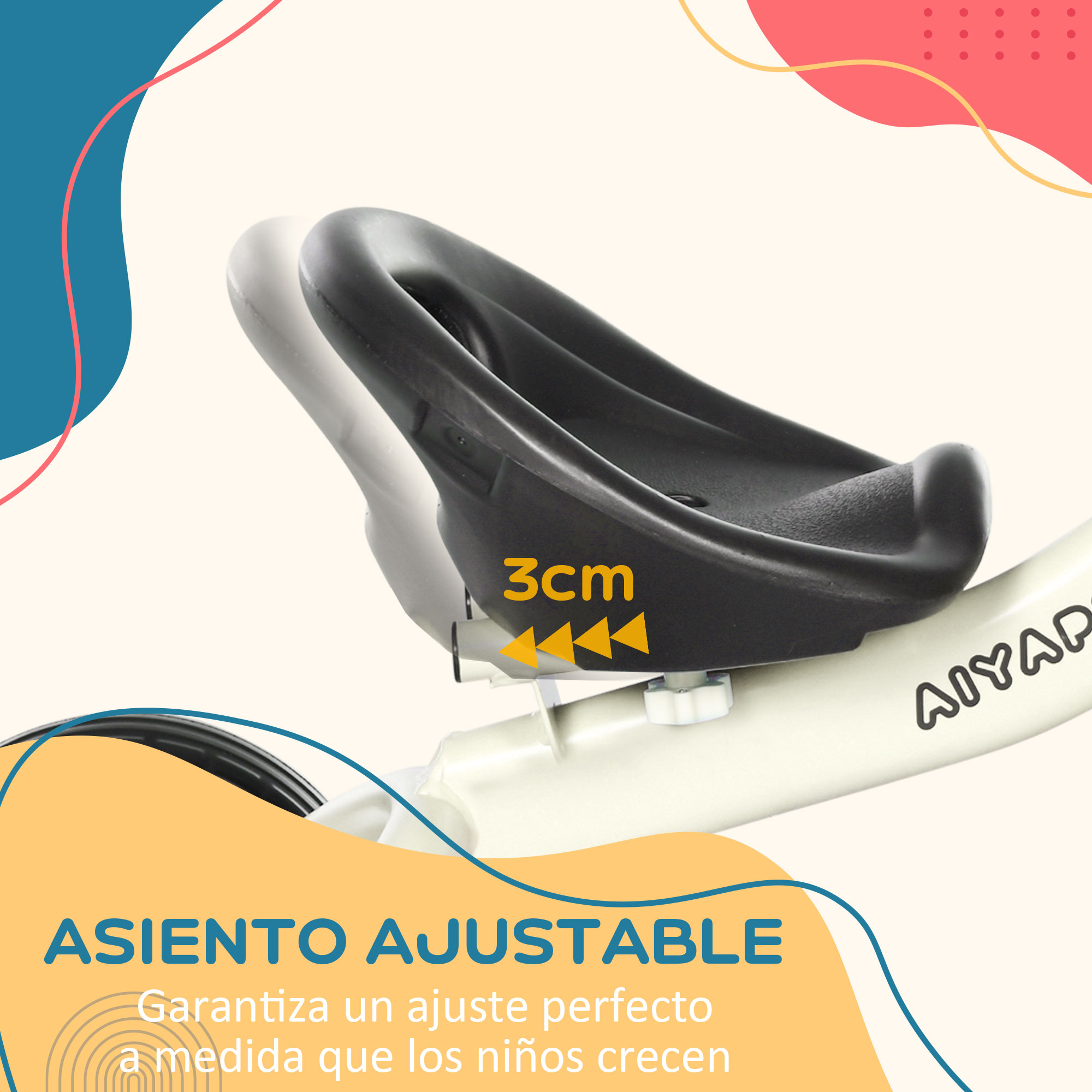 Asiento ajustable en un triciclo. Texto: 'Asiento ajustable. Asegura un ajuste perfecto'.
