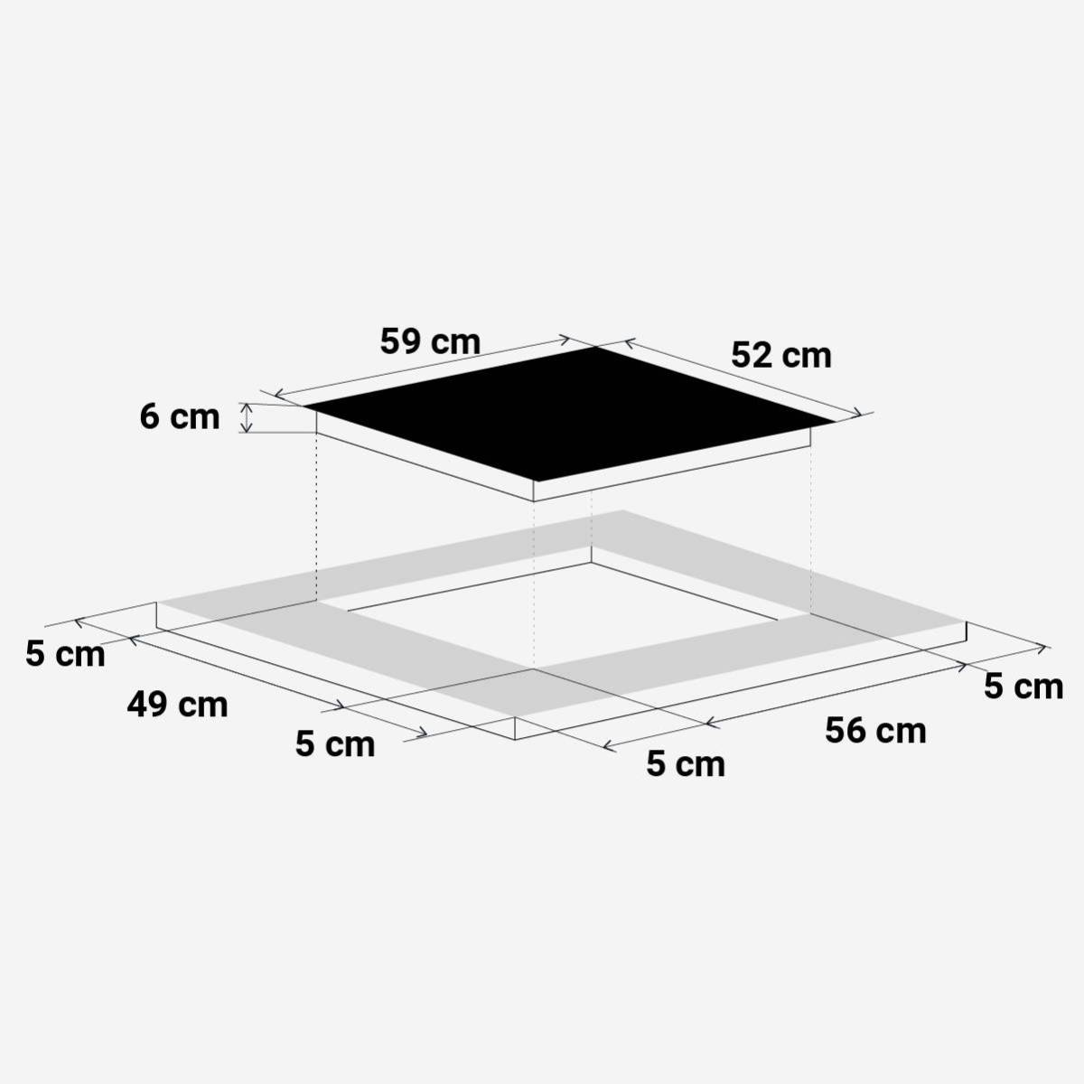 Diagrama que muestra las dimensiones de una placa de cocina, con medidas en centímetros.