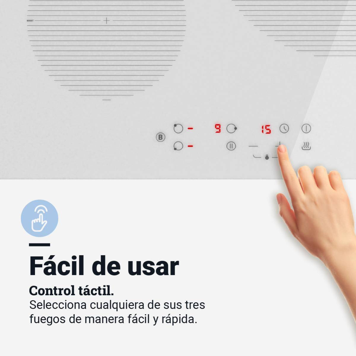 Una mano tocando una encimera blanca. La pantalla muestra números digitales, con botones de control táctil debajo.