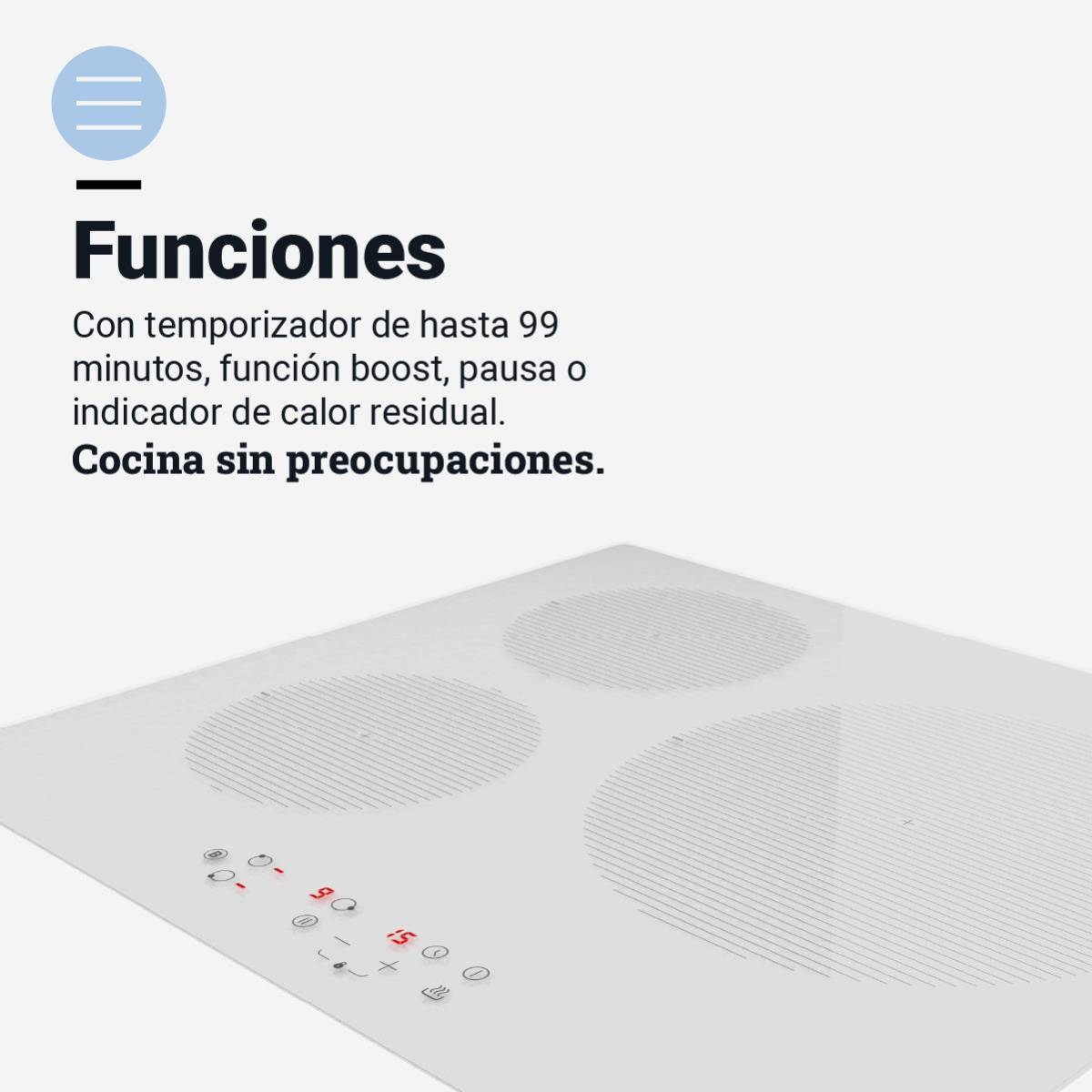 Primer plano de una placa de inducción blanca con tres zonas de cocción circulares y panel.