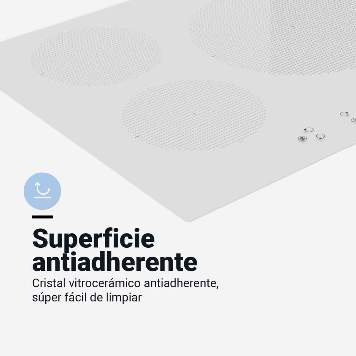 Una placa de inducción blanca con cuatro zonas de calentamiento circulares y texto 'Superficie antiadherente'.