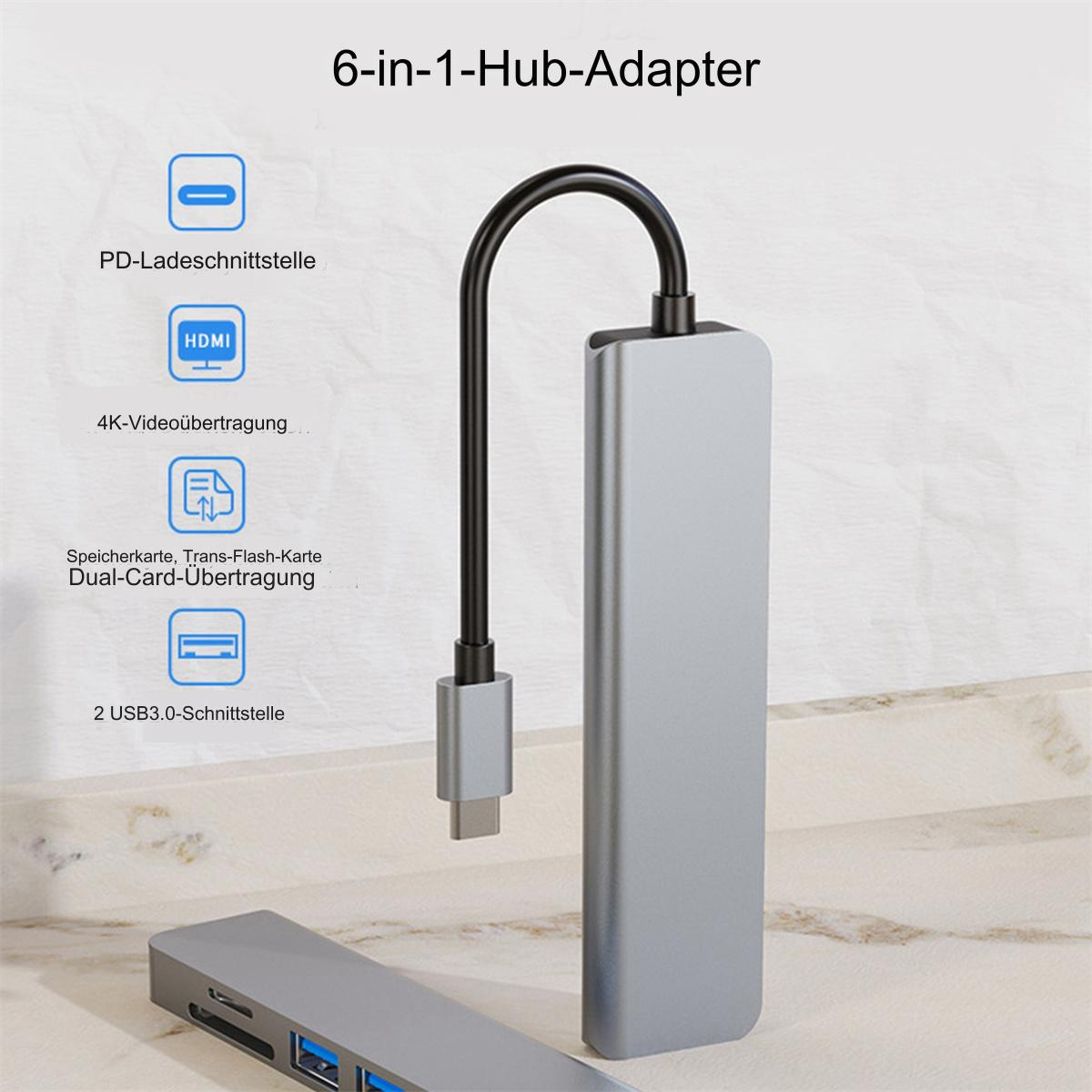 Silberner USB-C-Hub-Adapter. Er hat USB-Anschlüsse, HDMI und einen Kartenleser, mit einem schwarzen Kabel.