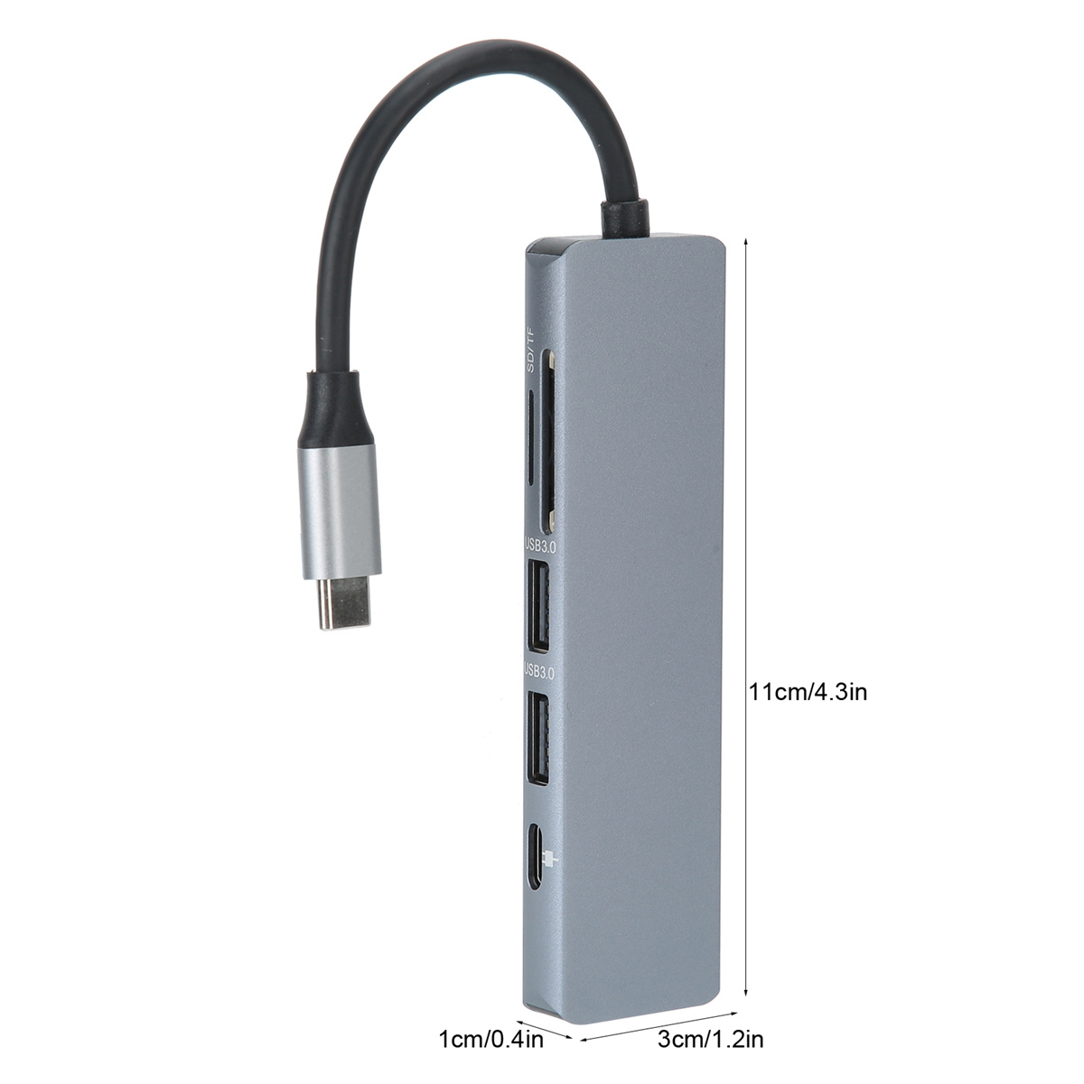 Ein silberner USB-Hub mit mehreren Anschlüssen, einschließlich USB 3.0 und Kartenleser.
