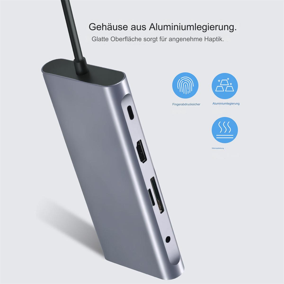 Ein silbergraues Metallgerät mit Anschlüssen und einem schwarzen Kabel. Es hat ein schlankes Design.