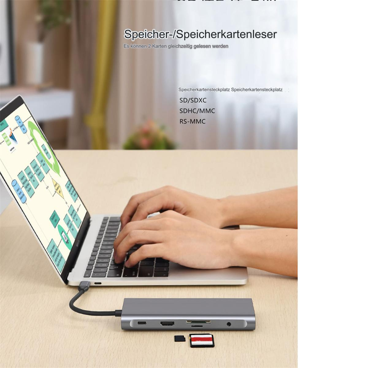 Ein Mann benutzt einen Laptop, der mit einem USB-C-Hub mit SD-Karte verbunden ist.