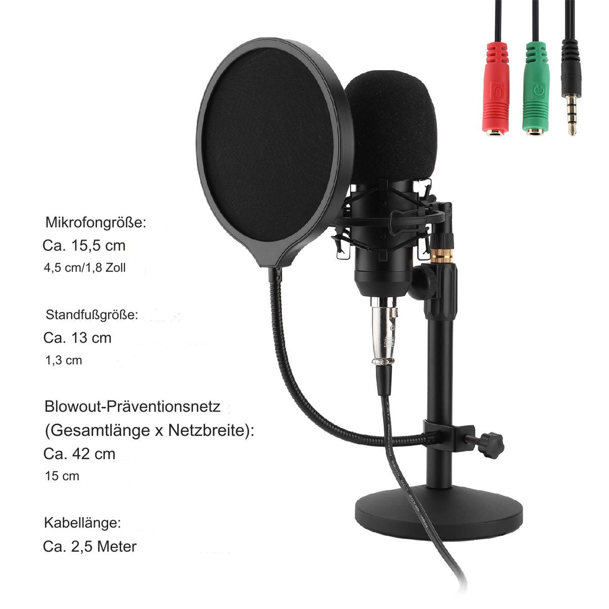 Ein Mikrofon mit Pop-Filter und Ständer, zusammen mit Audiokabeln.