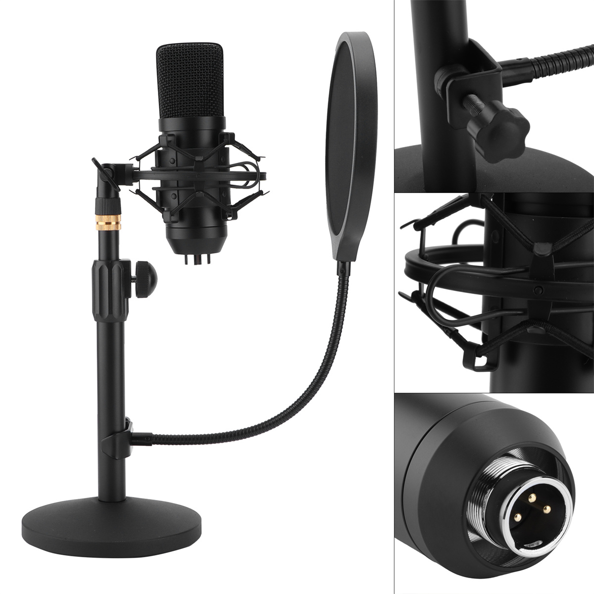 Schwarzes Mikrofon auf einem Ständer mit Pop-Filter. Nahaufnahmen von Ständer, Filter und Mikrofonanschlüssen.