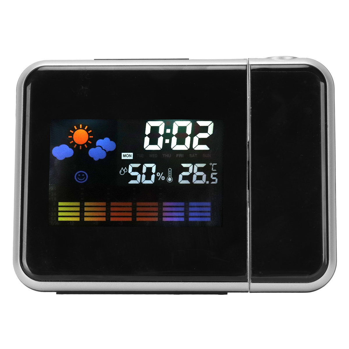 Schwarze Digitaluhr mit Anzeige von Zeit, Datum, Wettersymbolen und Temperatur.