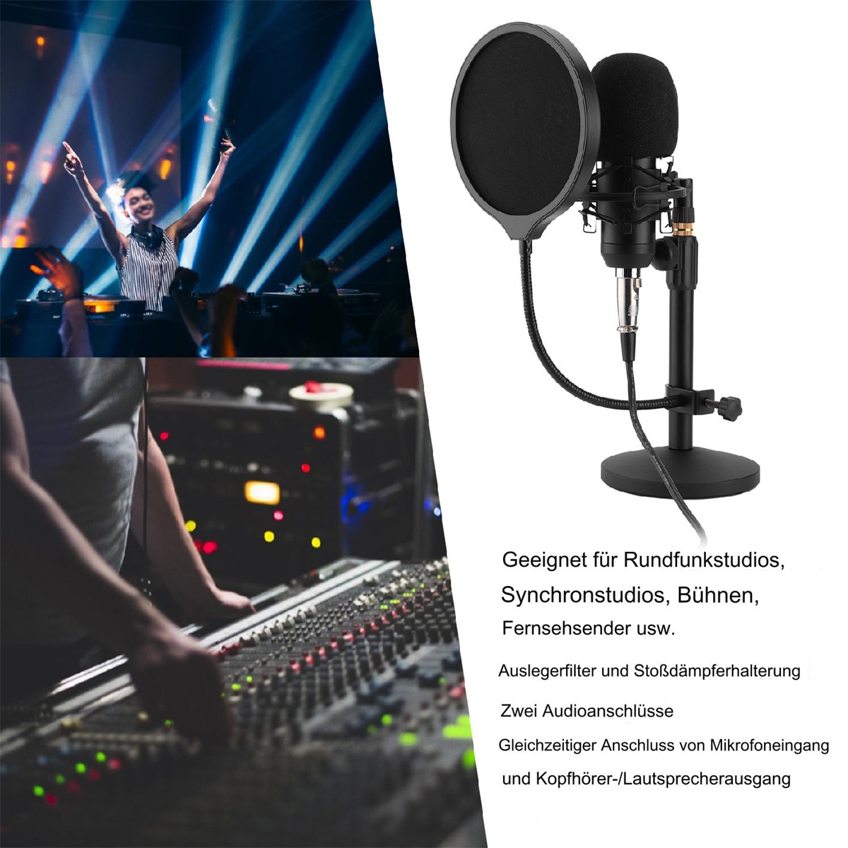 Ein DJ an einer Konsole mit Mikrofon-Setup im Vordergrund. Text auf Deutsch.