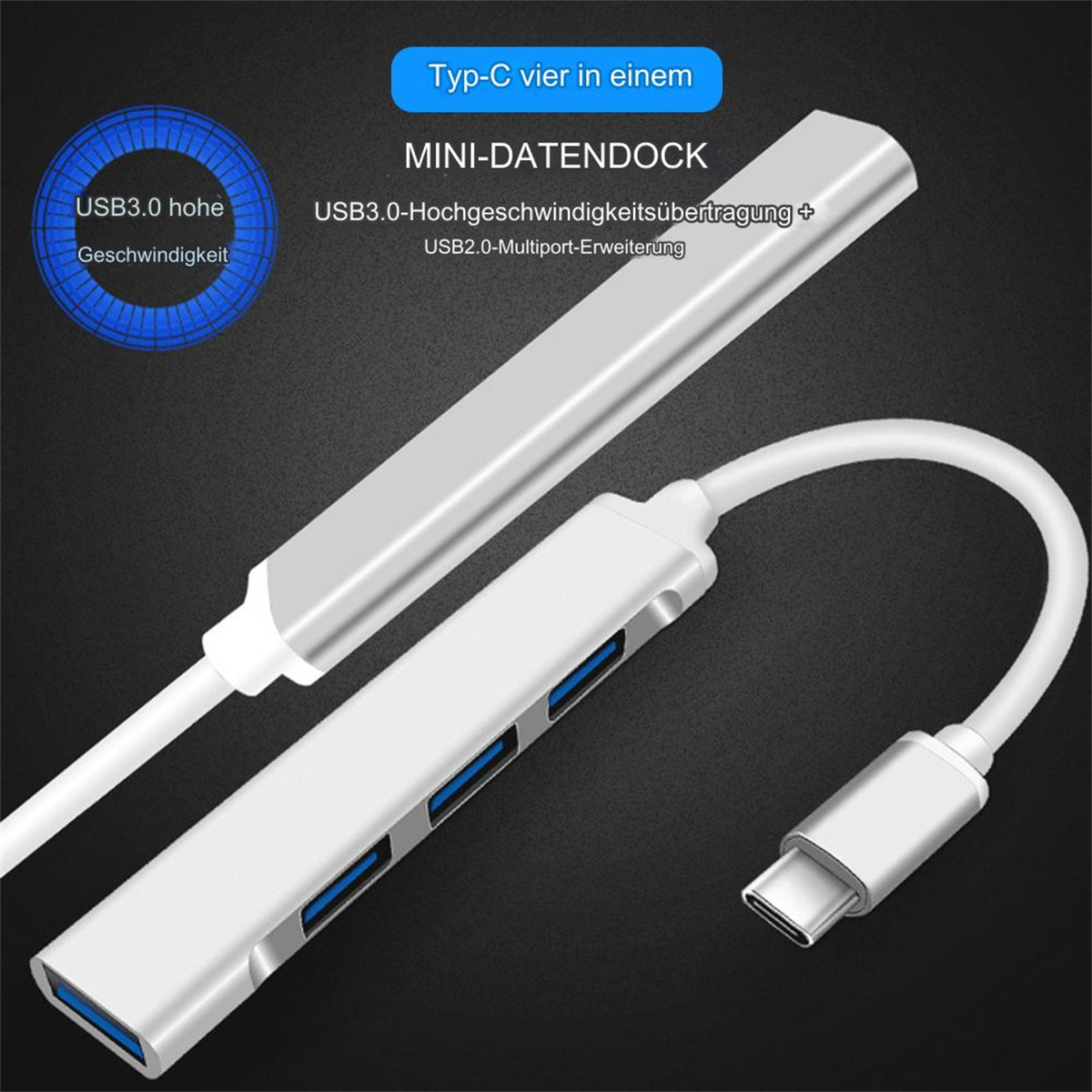 Ein silberner USB-Hub mit mehreren Anschlüssen und einem Kabel. Text auf Deutsch: 'Mini-Datendock'.