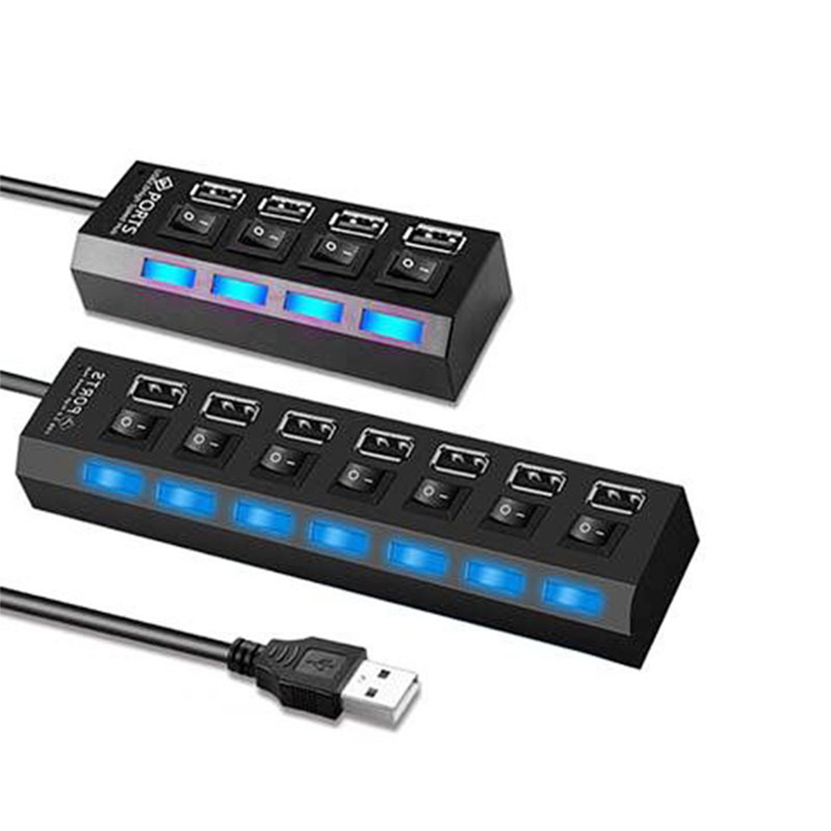 Zwei schwarze USB-Hubs mit blauen LED-Leuchten und mehreren USB-Anschlüssen, auf weißem Hintergrund.
