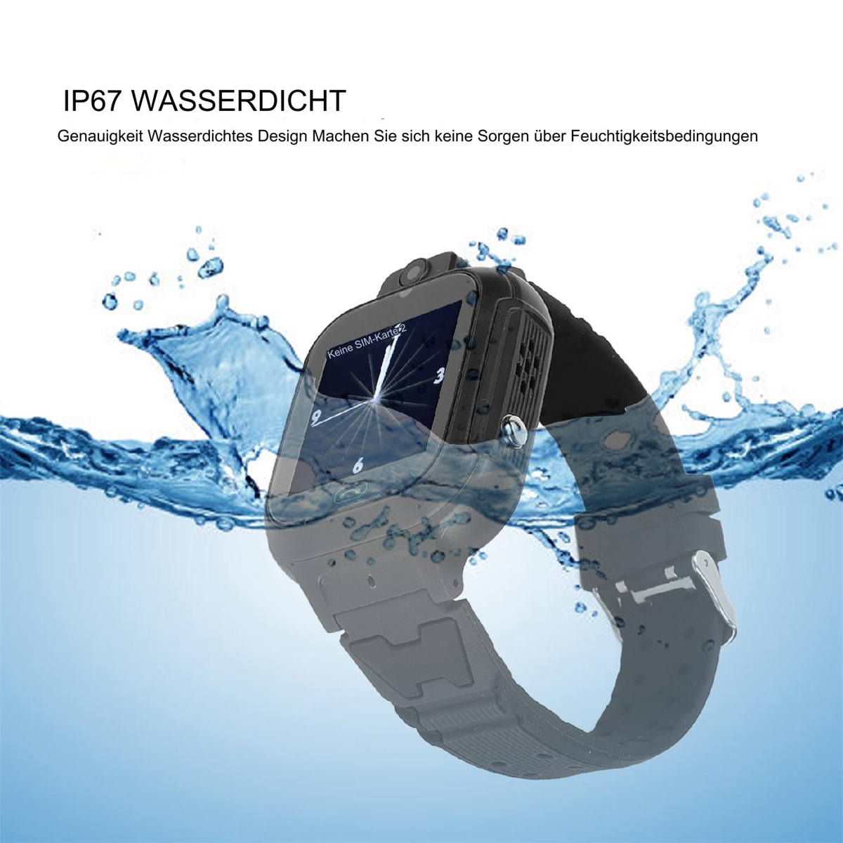 Smartwatch mit digitalem Zifferblatt. Text lautet: IP67 wasserdicht.
