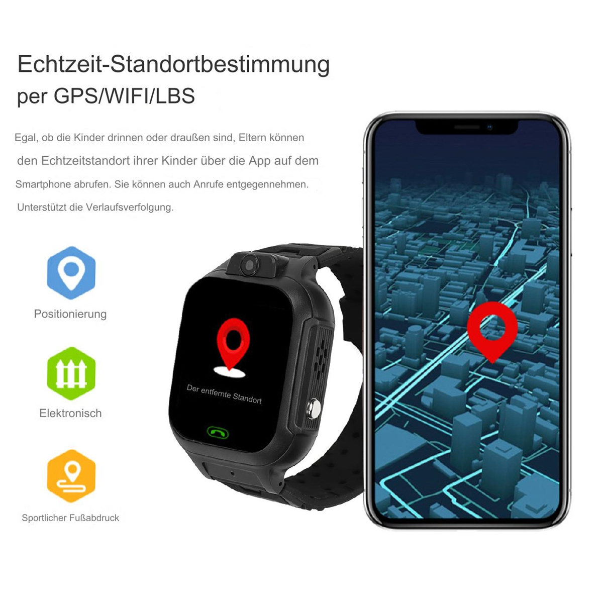 Smartwatch mit GPS/WIFI/LBS. Telefon zeigt Karte mit Standortverfolgung.