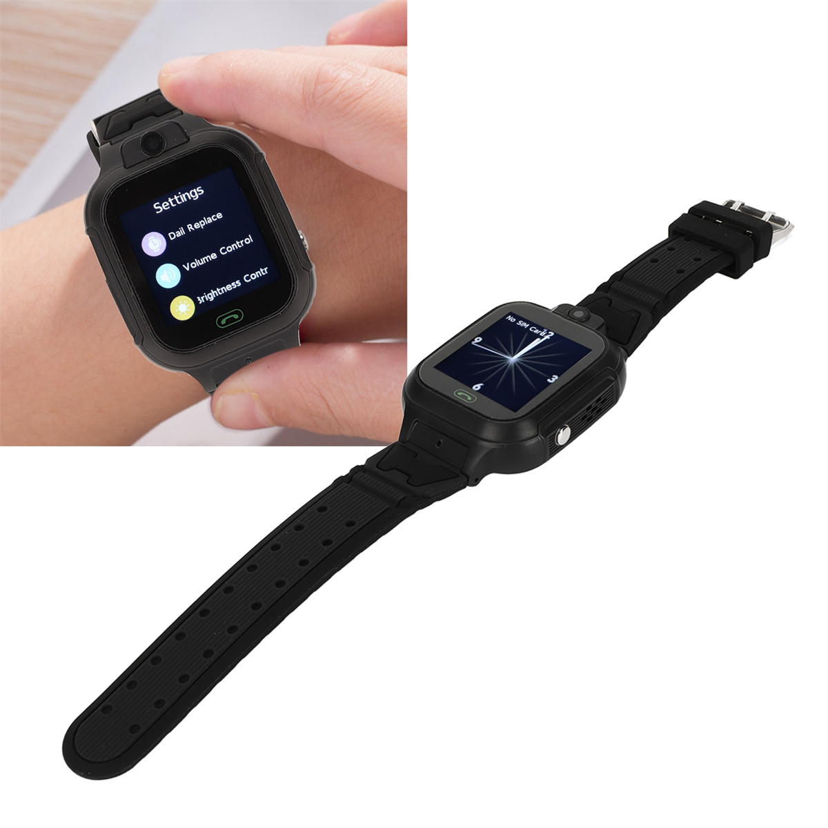 Schwarze Smartwatch am Handgelenk. Der Bildschirm zeigt Einstellungen.