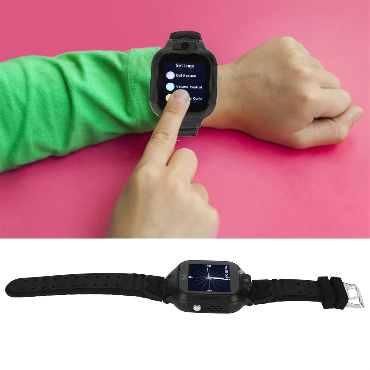 Die Hand eines Kindes berührt den Bildschirm einer Smartwatch, der Einstellungen zeigt, auf rosa Oberfläche.