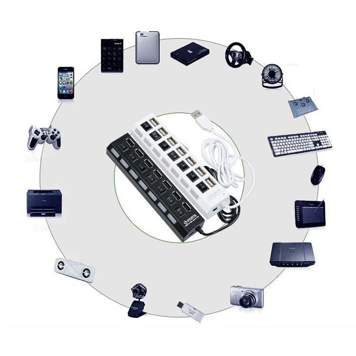 USB-Hubs, umgeben von Computer- und Telefonzubehör.