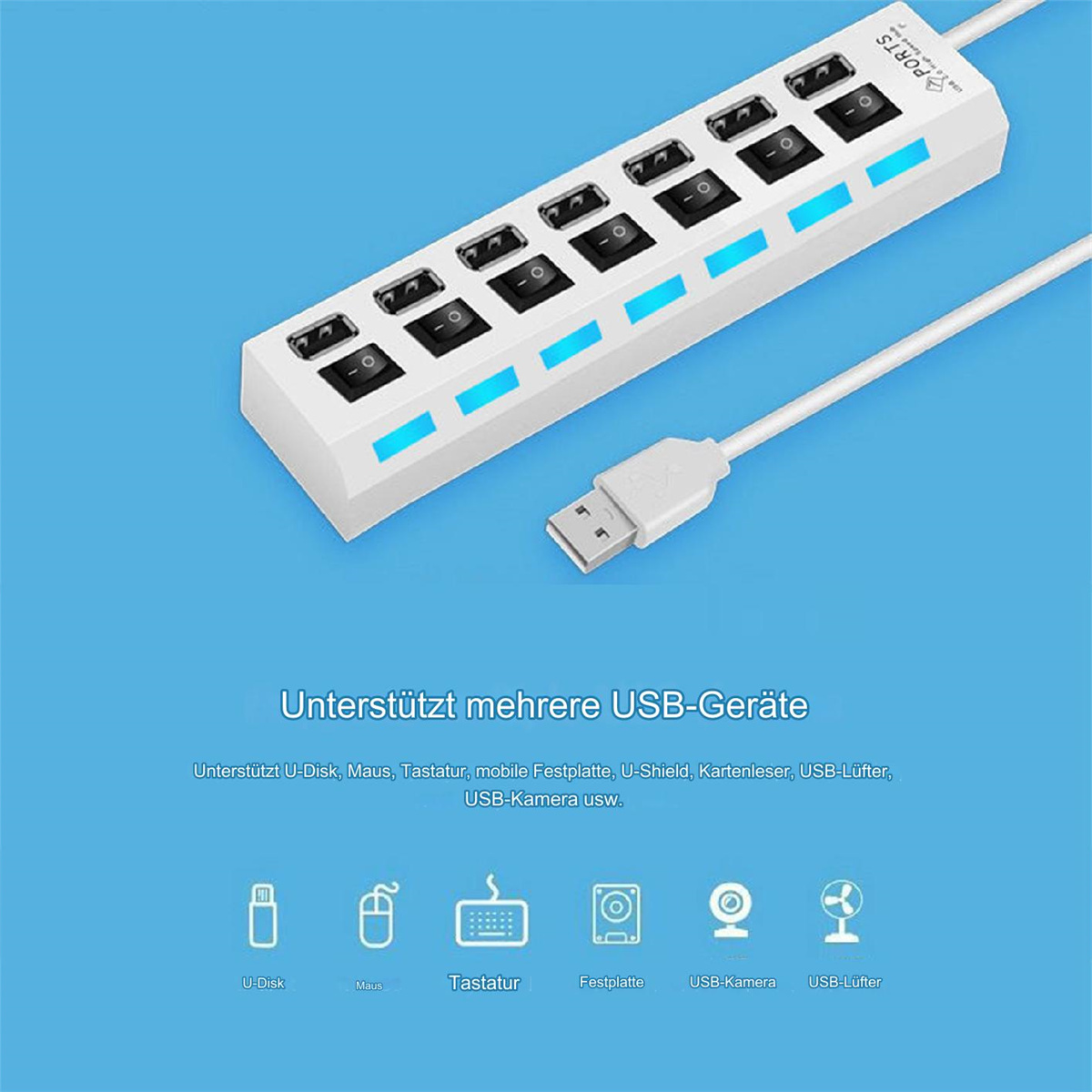 Weißer USB-Hub mit mehreren Anschlüssen und blauen Lichtern, sowie Icons für angeschlossene Geräte.