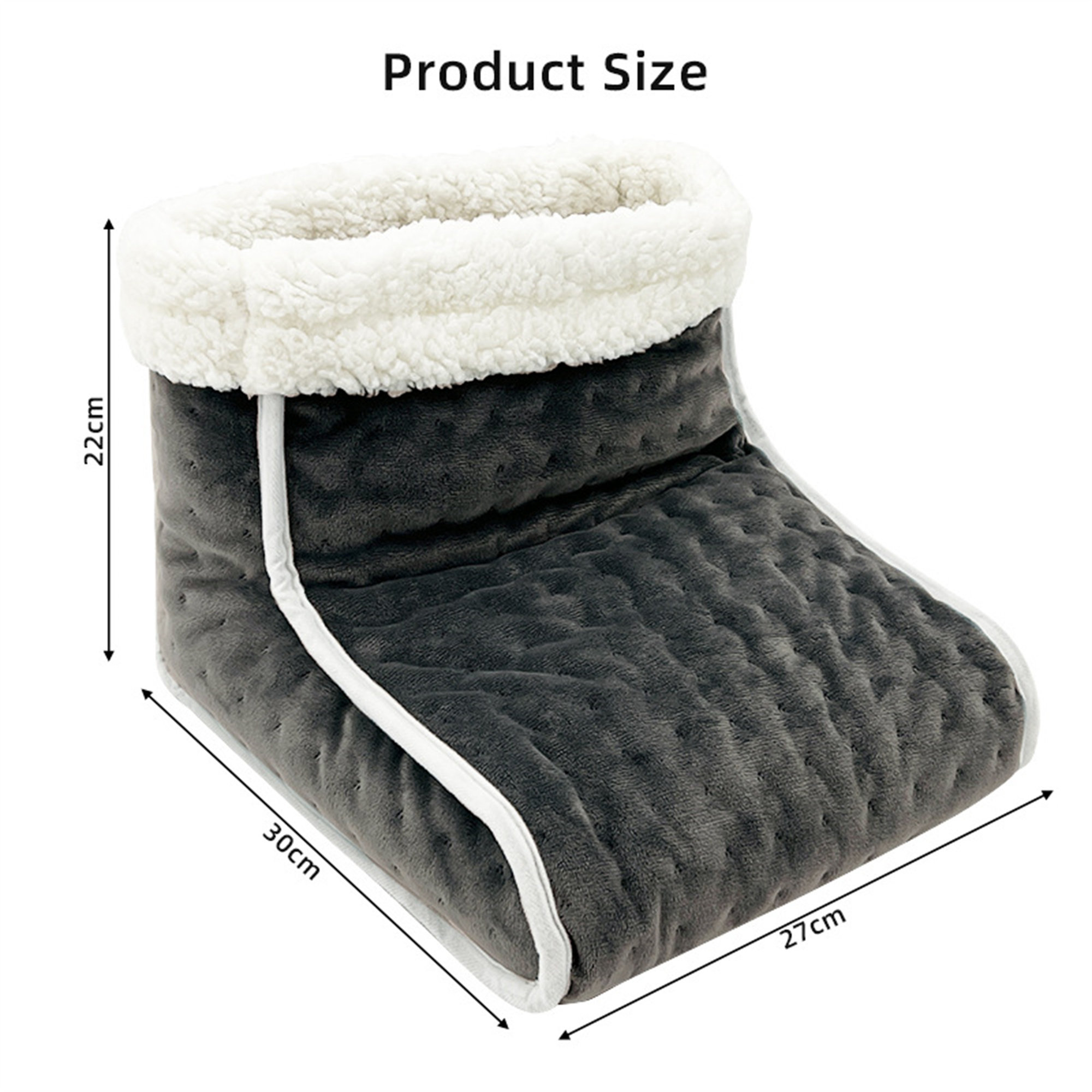 Fußwärmer-Stiefel. Grau mit weißem Flaum am oberen Rand. Produktgröße mit Maßen.