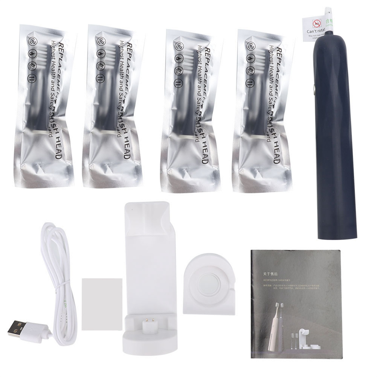 Zahnhygiene-Set, einschließlich Zahnbürstenköpfe, Ladegerät und Zubehör.