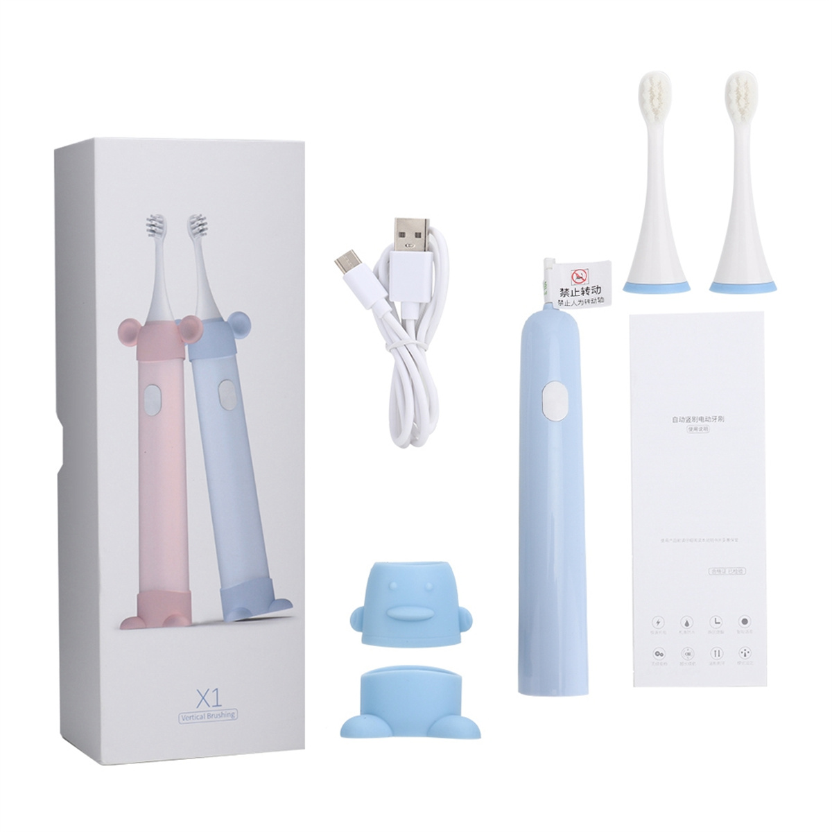Elektrisches Zahnbürsten-Set mit zwei Zahnbürsten, einem Ladekabel und Zubehör.