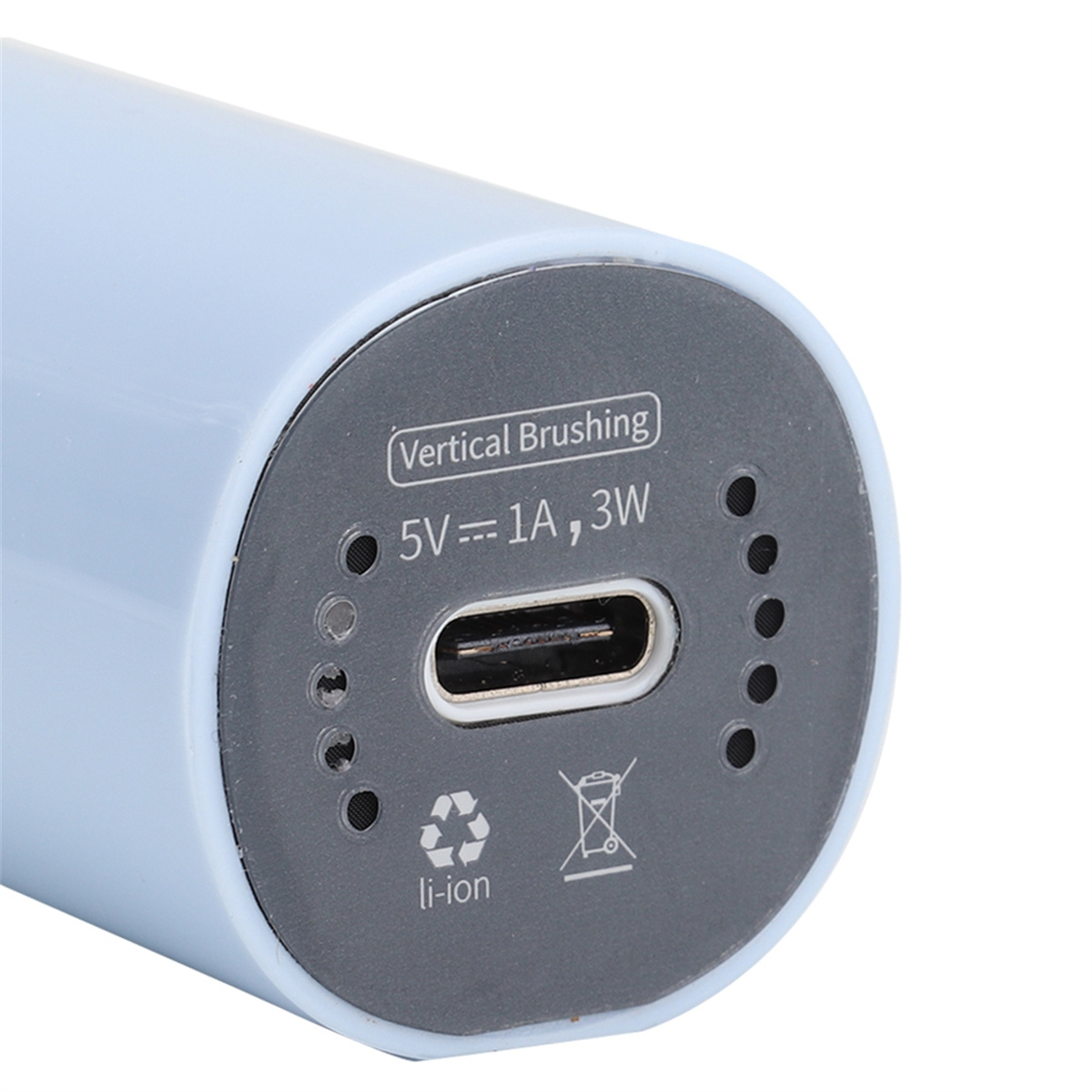 Nahaufnahme eines hellblauen Geräts mit USB-Anschluss und Ladeinformationen in weißem Text.