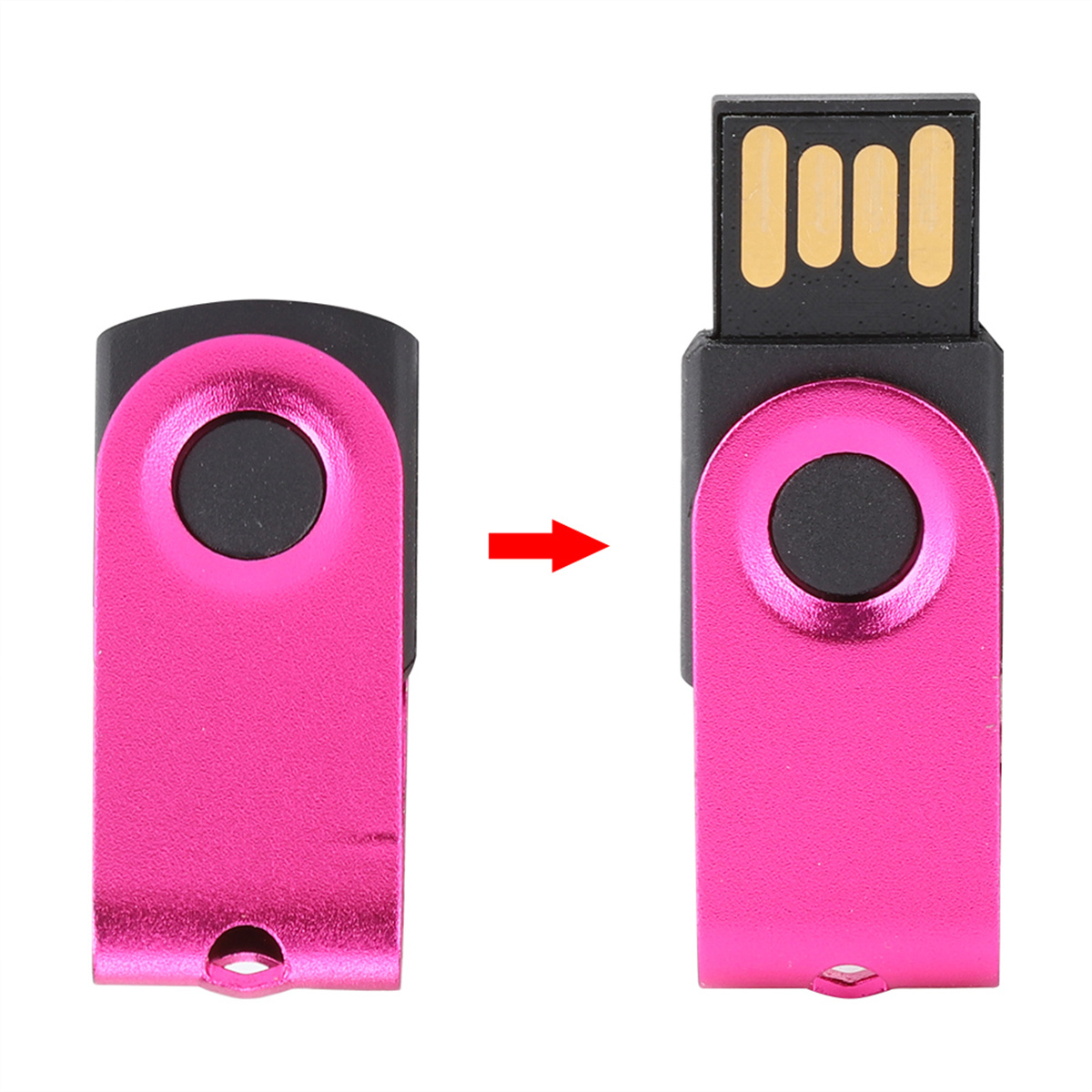 Ein pinkfarbener USB-Stick, offen und geschlossen, mit schwarzem Stecker.